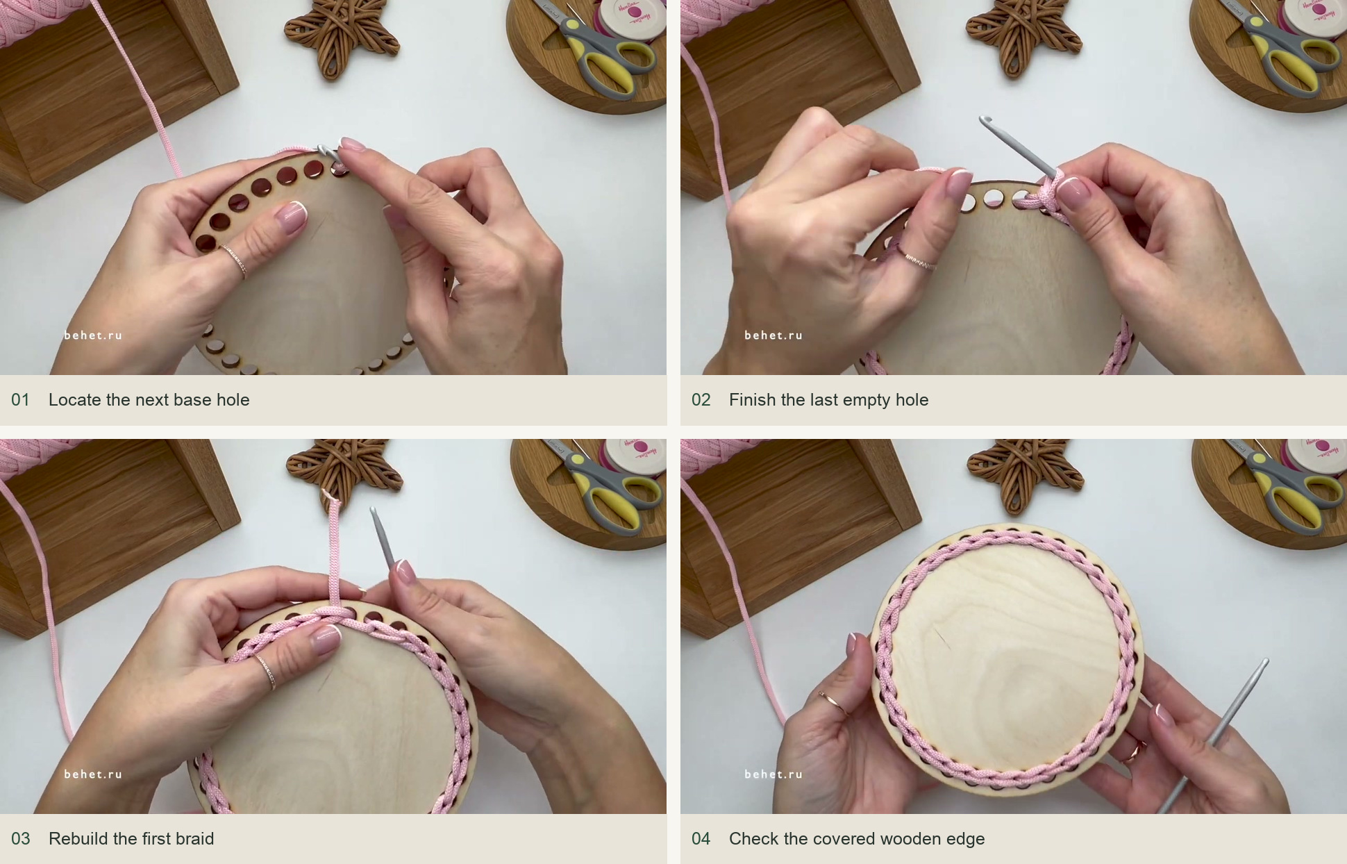 Locate the next base hole; Finish the last empty hole; Rebuild the first braid; Check the covered wooden edge