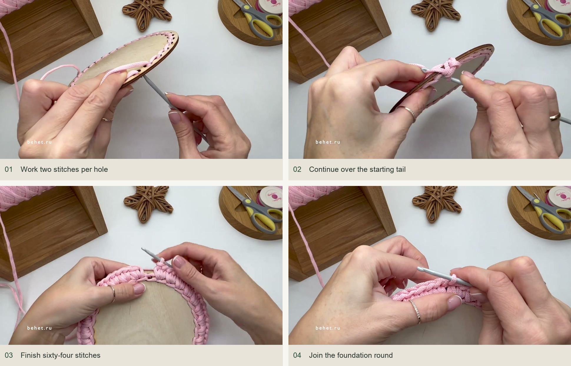 Work two stitches per hole; Continue over the starting tail; Finish sixty-four stitches; Join the foundation round