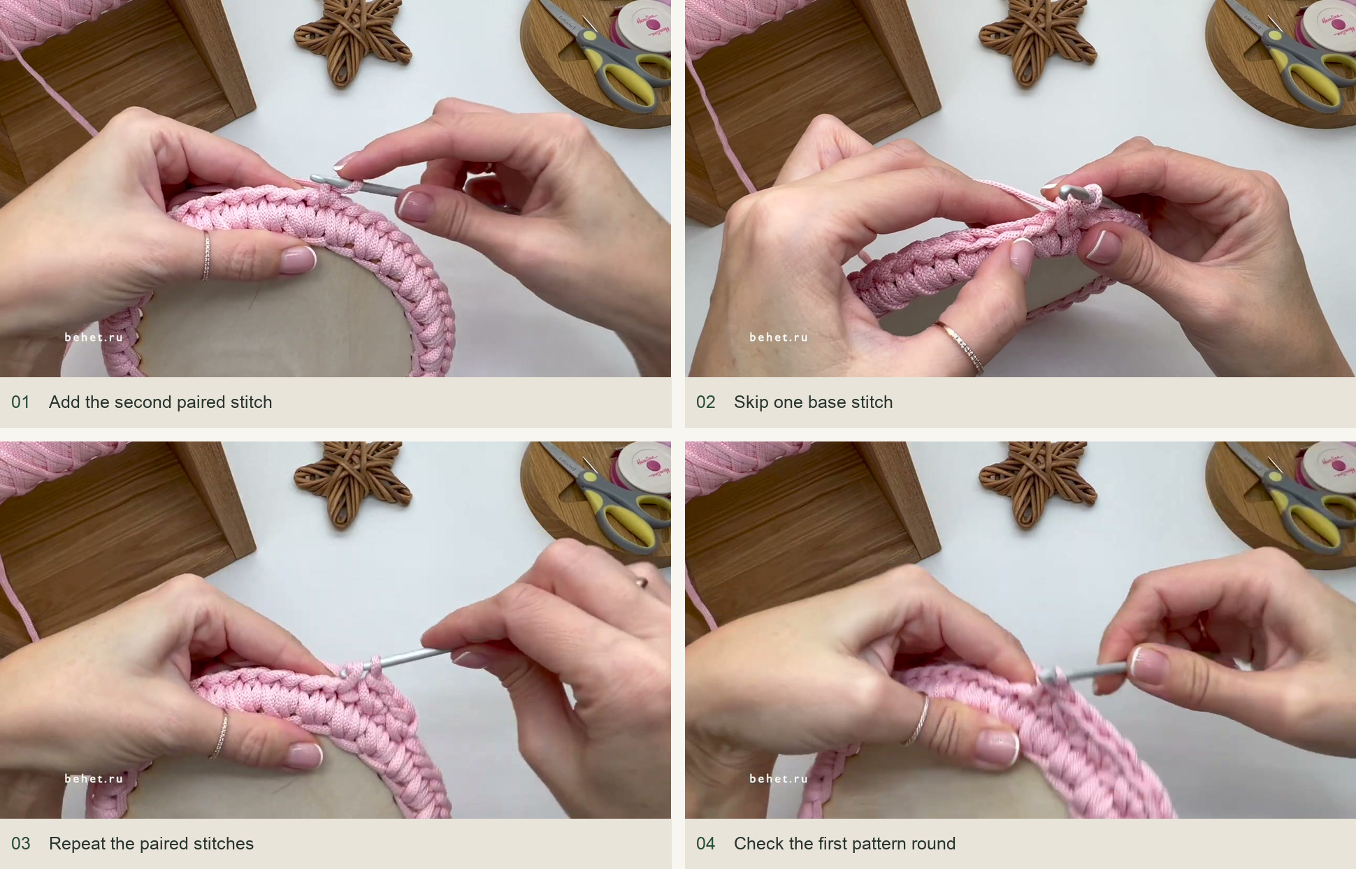 Add the second paired stitch; Skip one base stitch; Repeat the paired stitches; Check the first pattern round