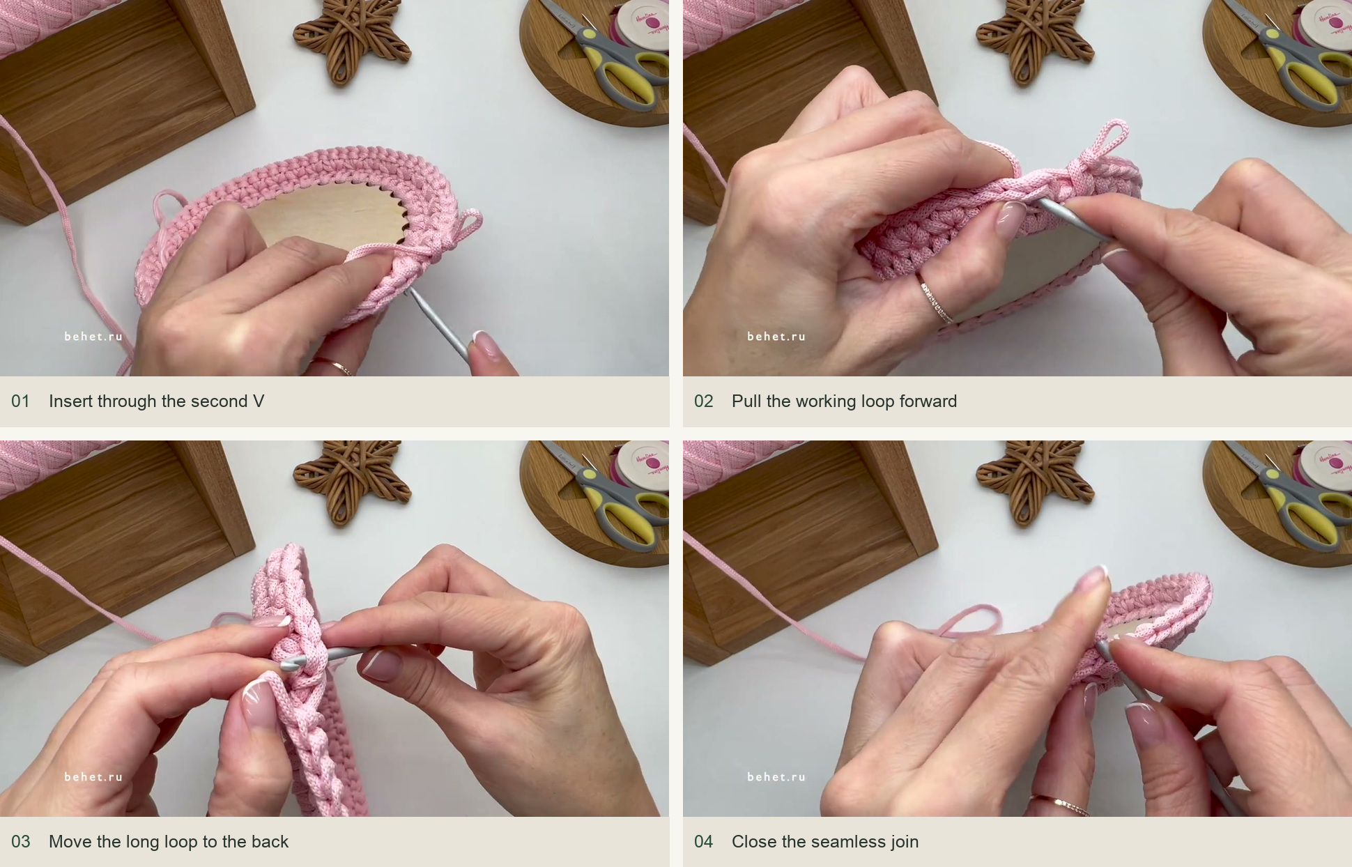 Insert through the second V; Pull the working loop forward; Move the long loop to the back; Close the seamless join
