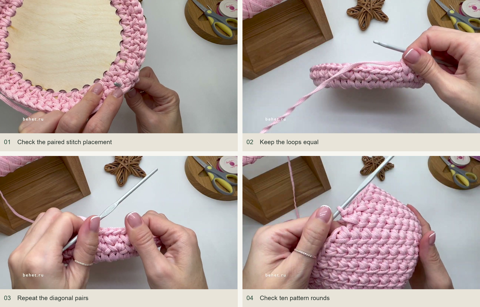 Check the paired stitch placement; Keep the loops equal; Repeat the diagonal pairs; Check ten pattern rounds