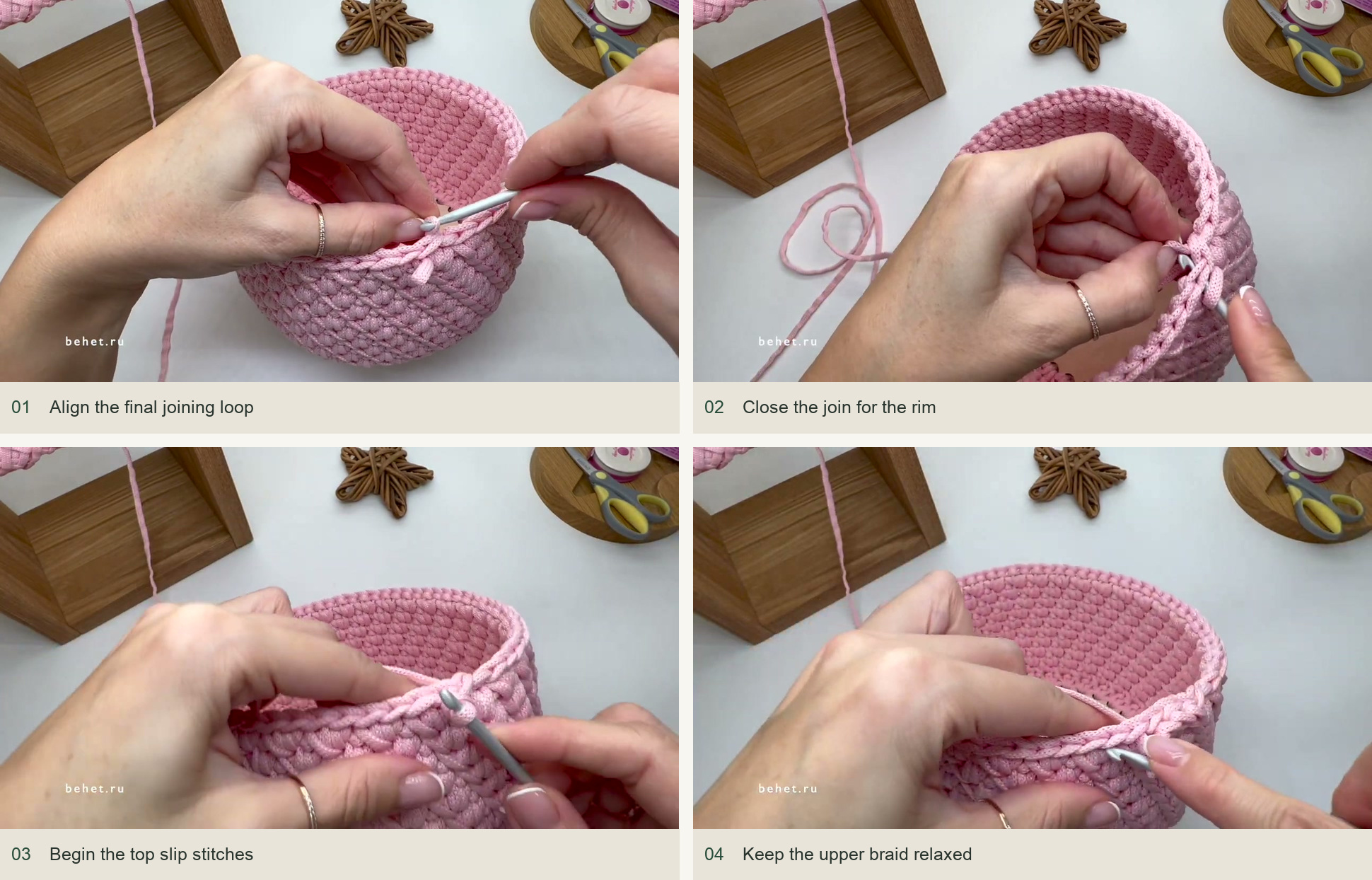 Align the final joining loop; Close the join for the rim; Begin the top slip stitches; Keep the upper braid relaxed