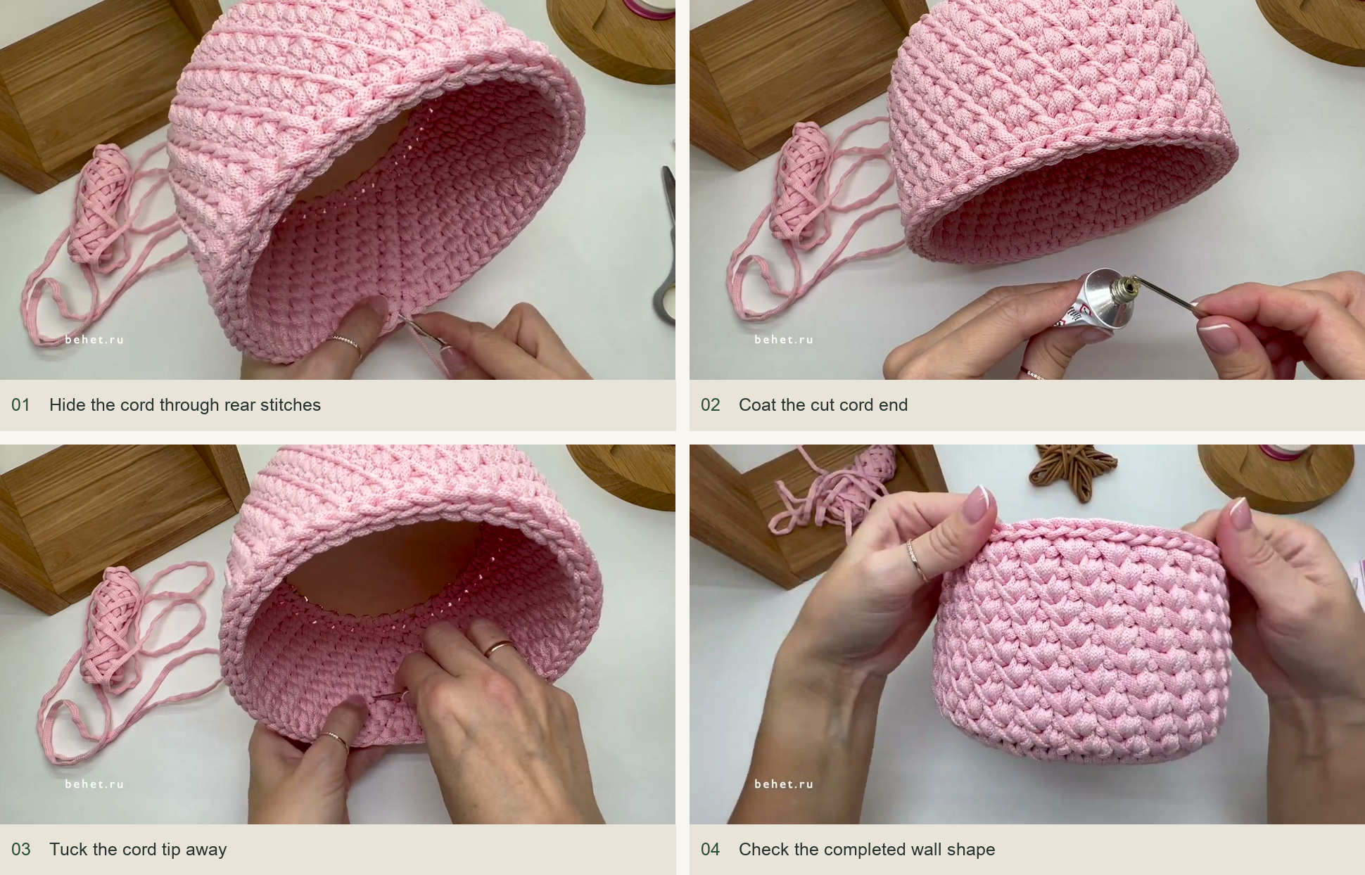 Hide the cord through rear stitches; Coat the cut cord end; Tuck the cord tip away; Check the completed wall shape