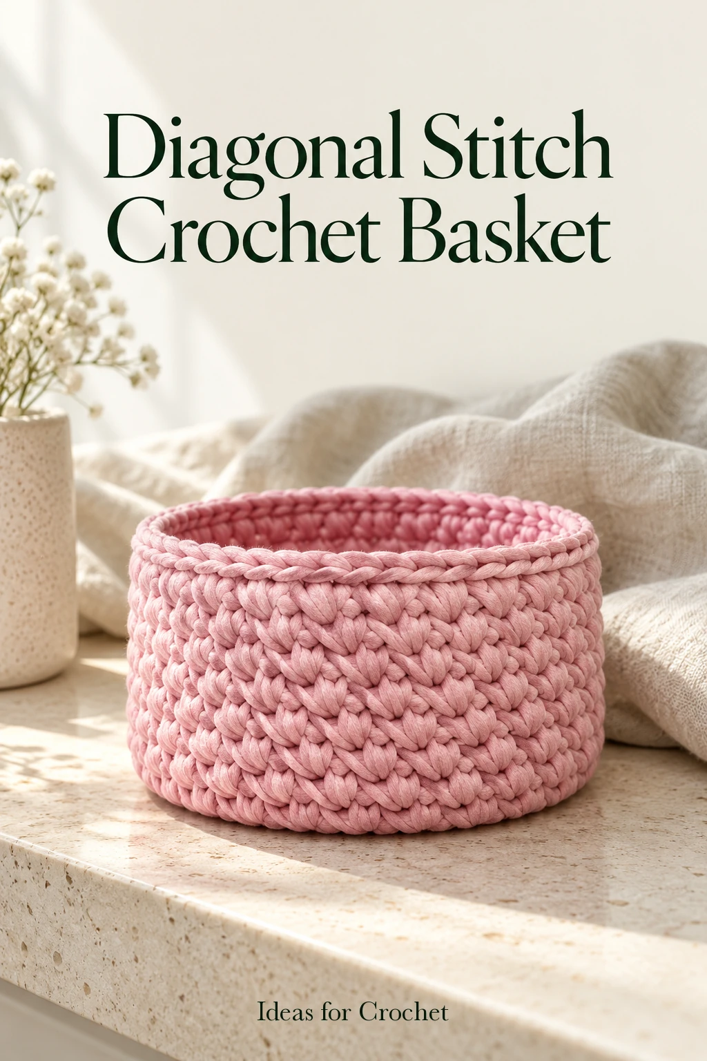 Diagonal Stitch Crochet Basket with a Wooden Base