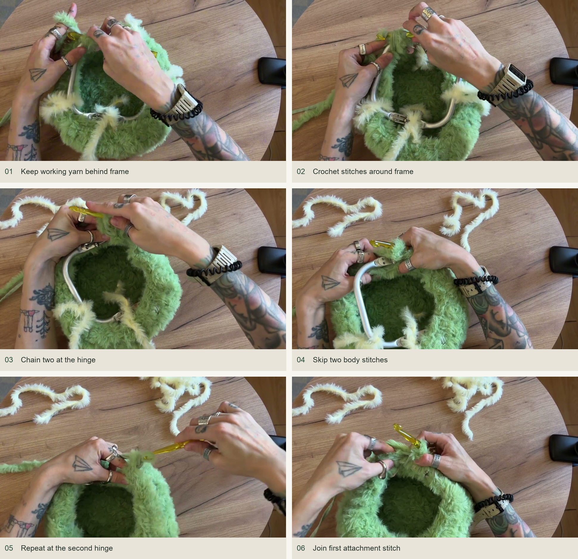 5. Crochet the frame into the upper edge — numbered source demonstration