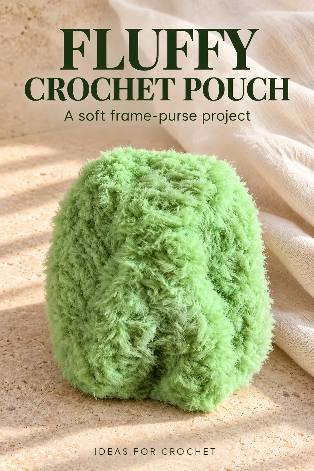 Pistachio-green fluffy crochet frame pouch with a soft project tutorial headline