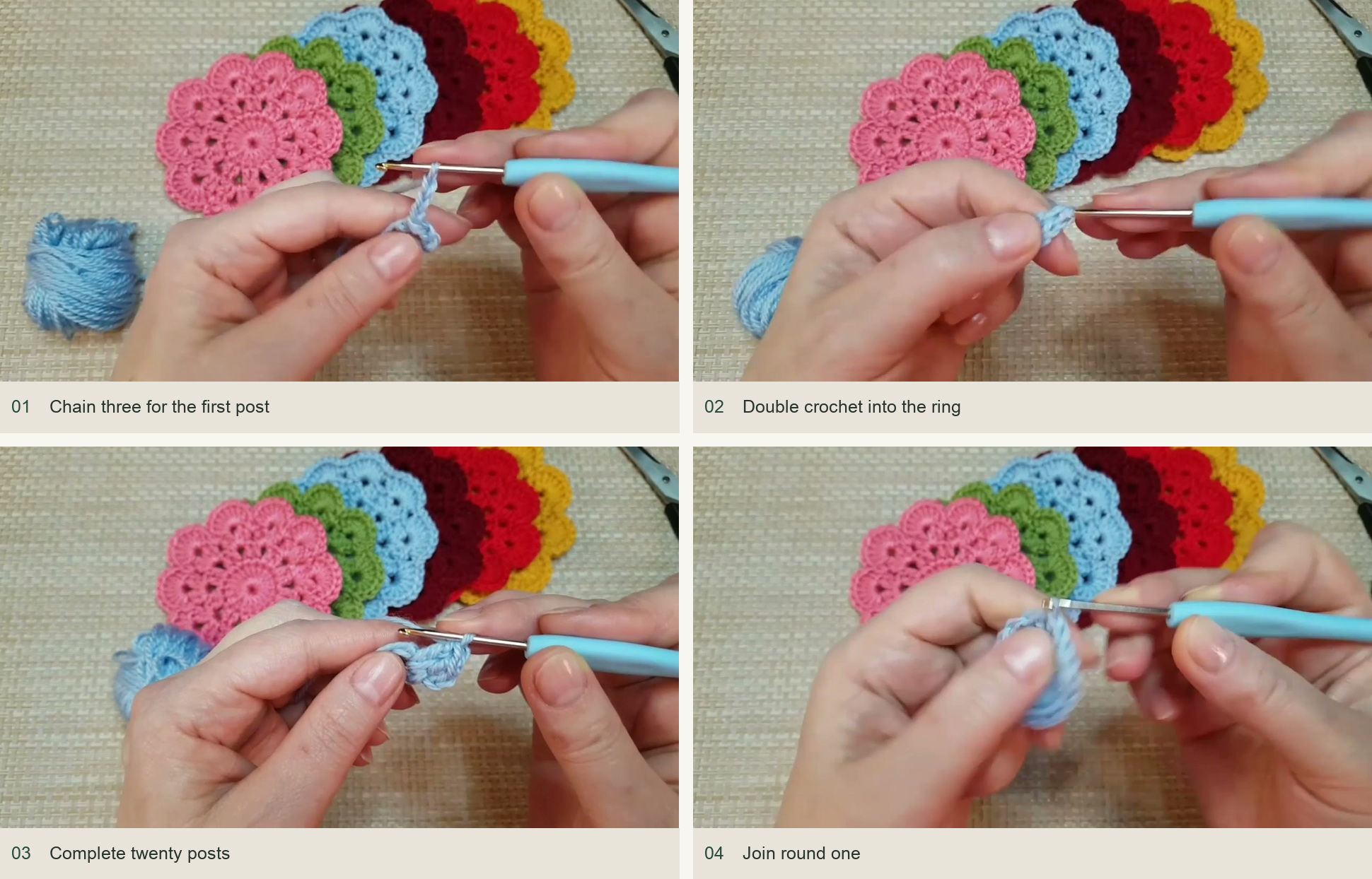 Chain three for the first post; Double crochet into the ring; Complete twenty posts; Join round one