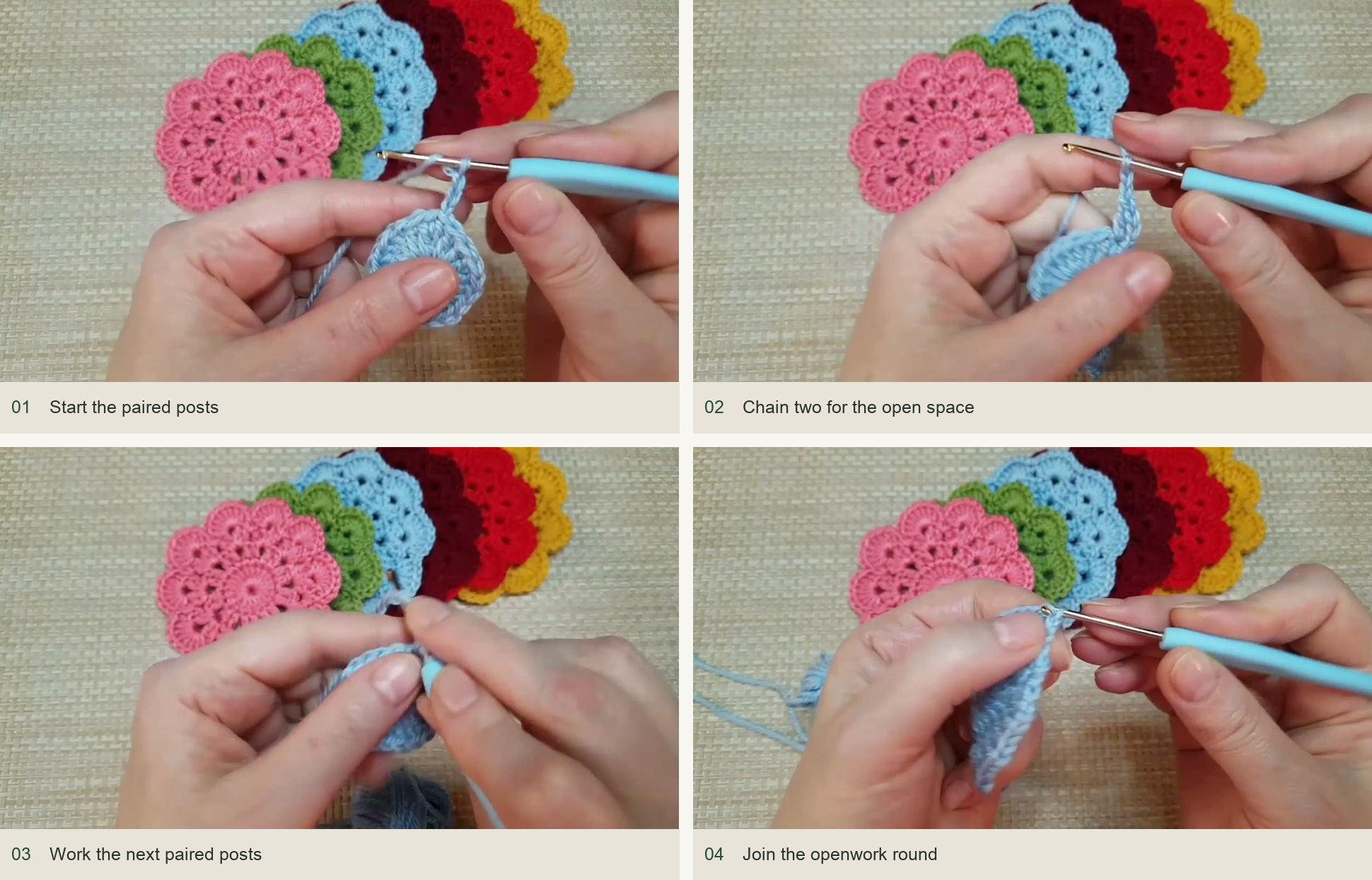 Start the paired posts; Chain two for the open space; Work the next paired posts; Join the openwork round