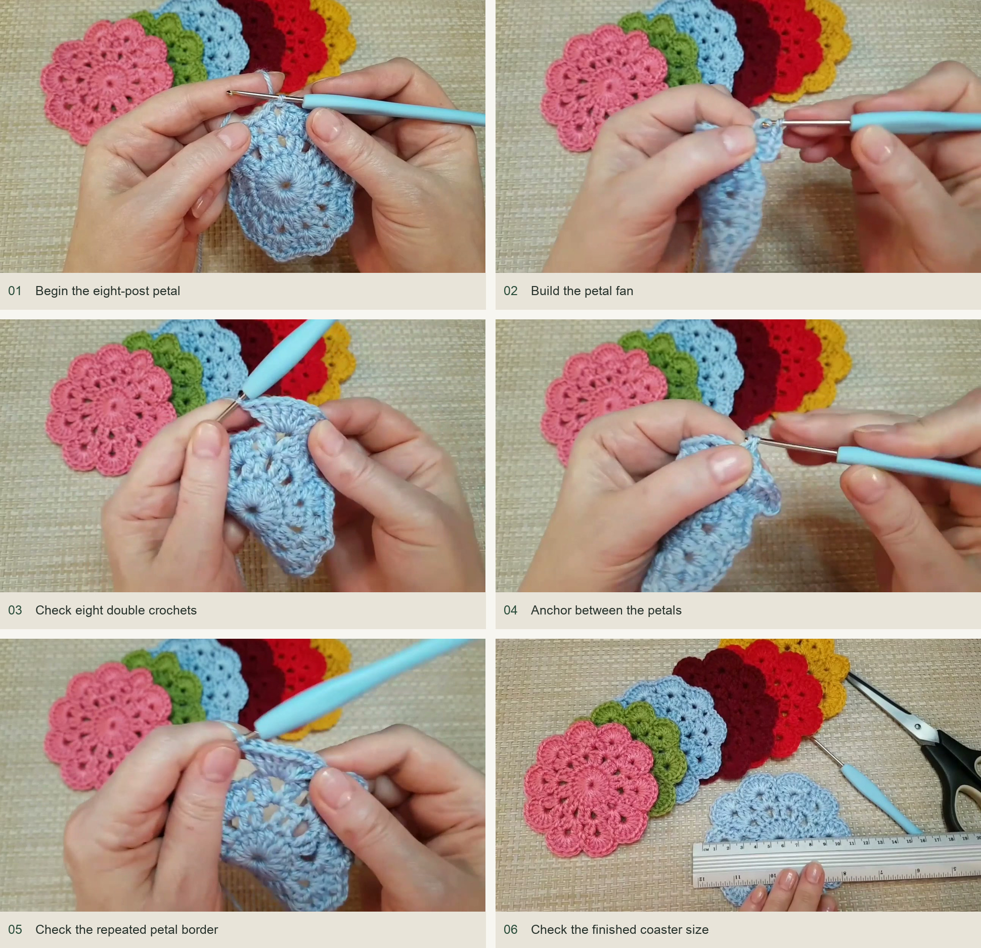 Begin the eight-post petal; Build the petal fan; Check eight double crochets; Anchor between the petals; Check the repeated petal border; Check the finished coaster size