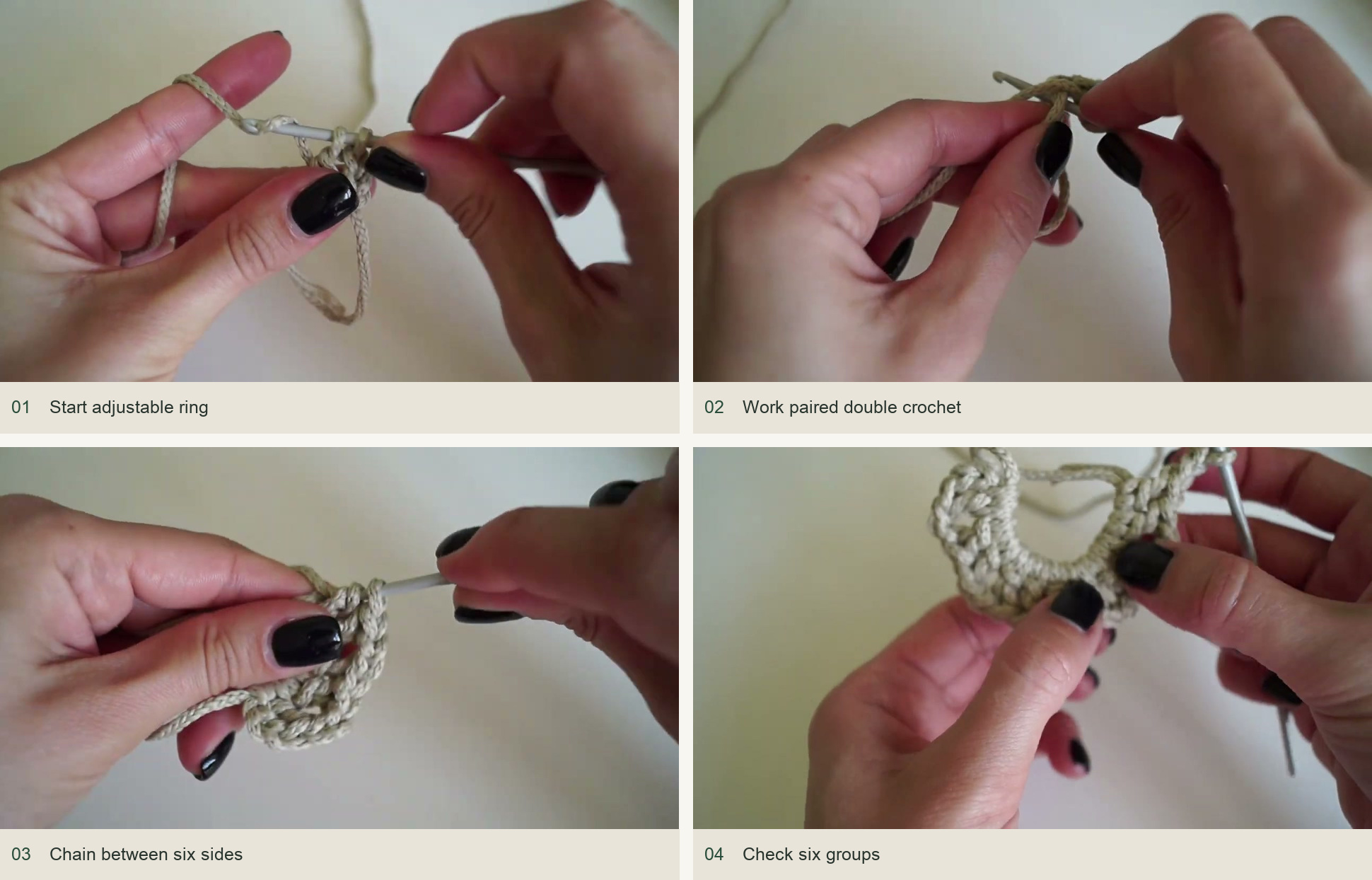 Start six sides in an adjustable ring: Start adjustable ring; Work paired double crochet; Chain between six sides; Check six groups