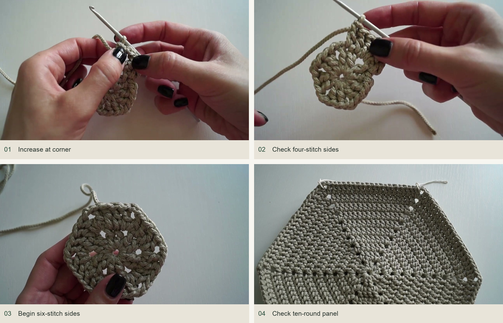 Increase through round ten: Increase at corner; Check four-stitch sides; Begin six-stitch sides; Check ten-round panel