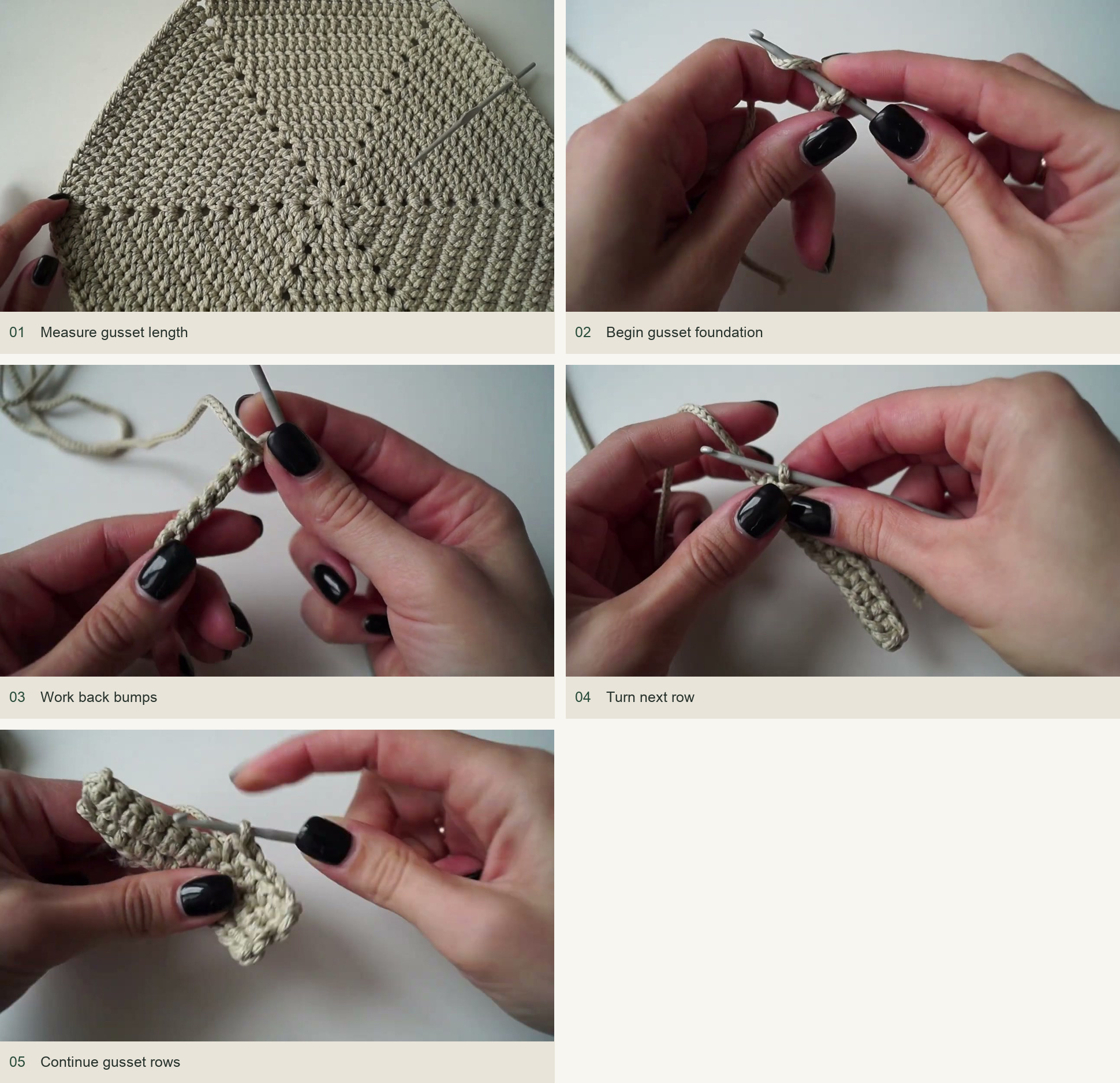 Calculate and crochet the gusset: measure length, begin the foundation, work back bumps, turn and continue rows. Follow the written eleven-sc-wide gusset instructions.