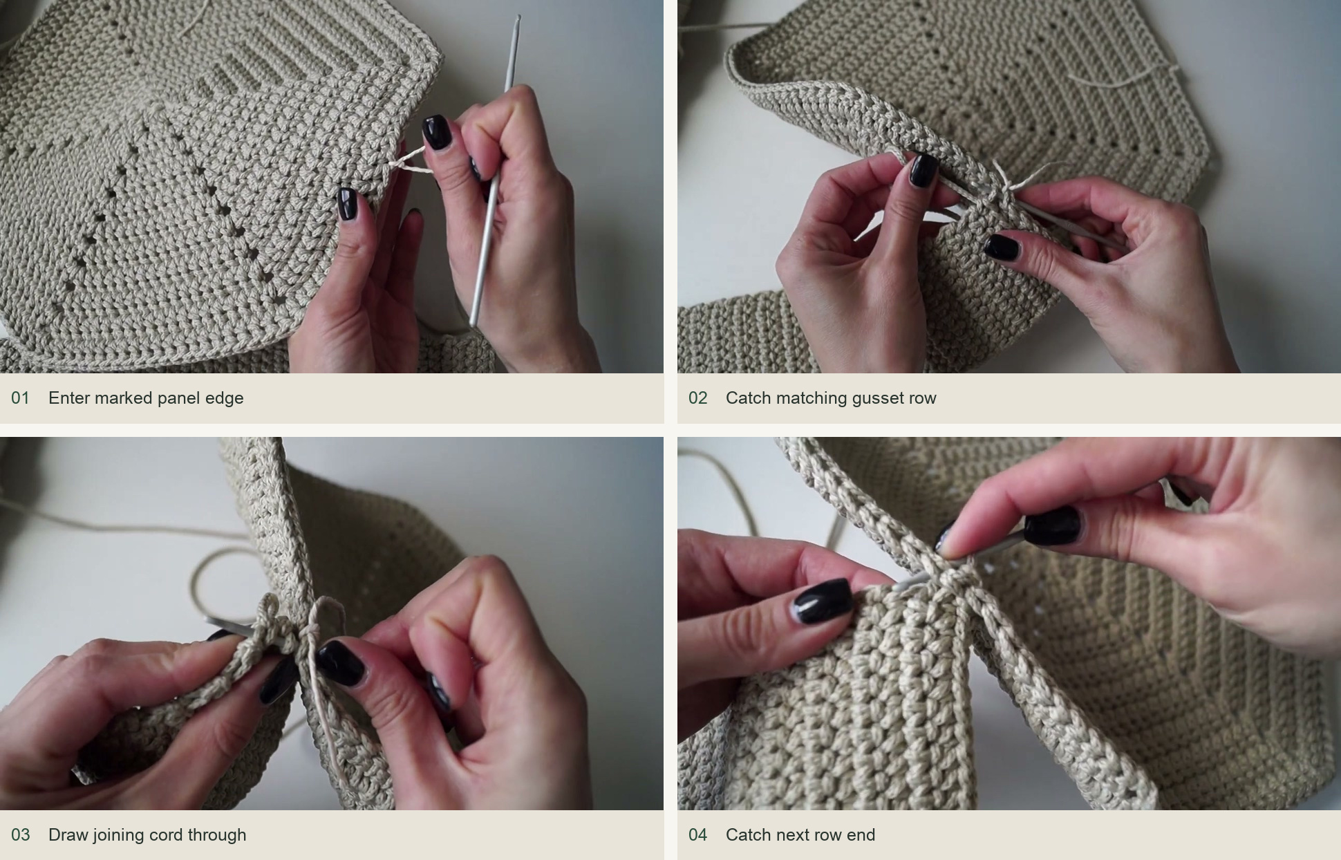 Join the first panel to the gusset: Enter marked panel edge; Catch matching gusset row; Draw joining cord through; Catch next row end; Continue slip-stitch seam
