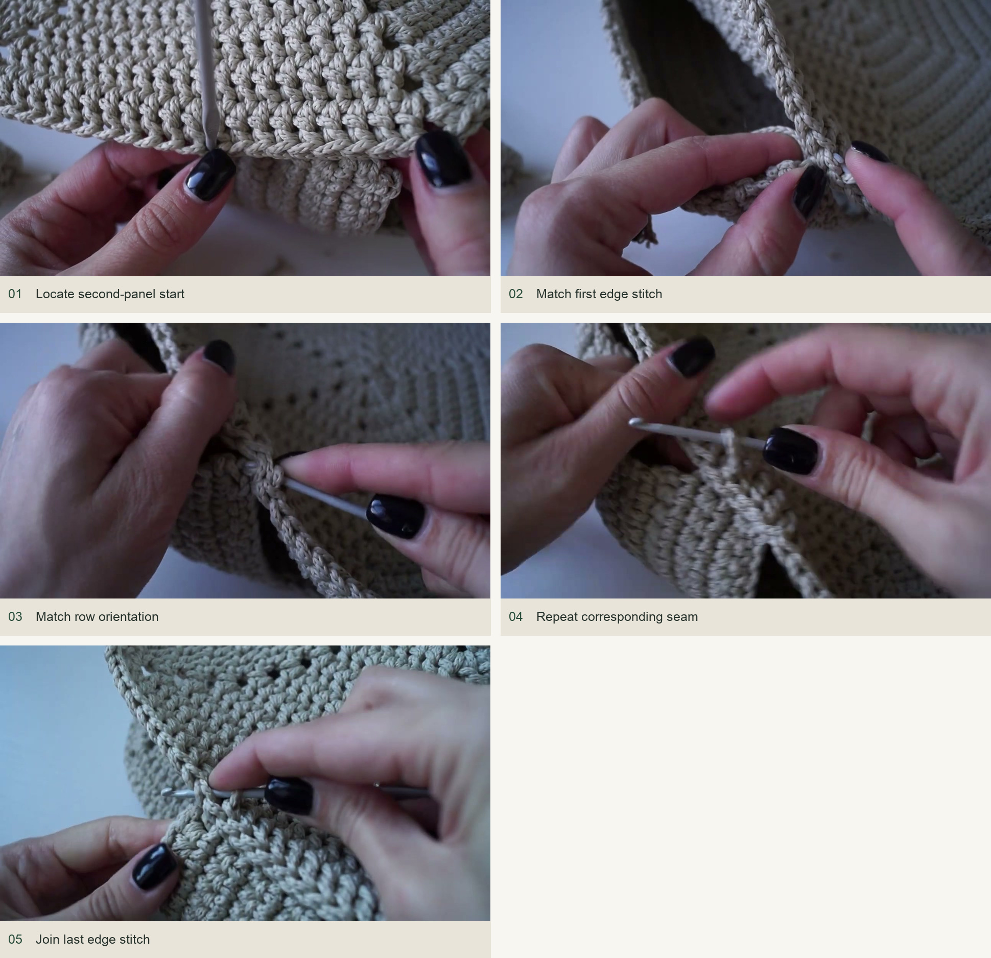 Attach the second panel: Locate second-panel start; Match first edge stitch; Match row orientation; Repeat corresponding seam; Join last edge stitch