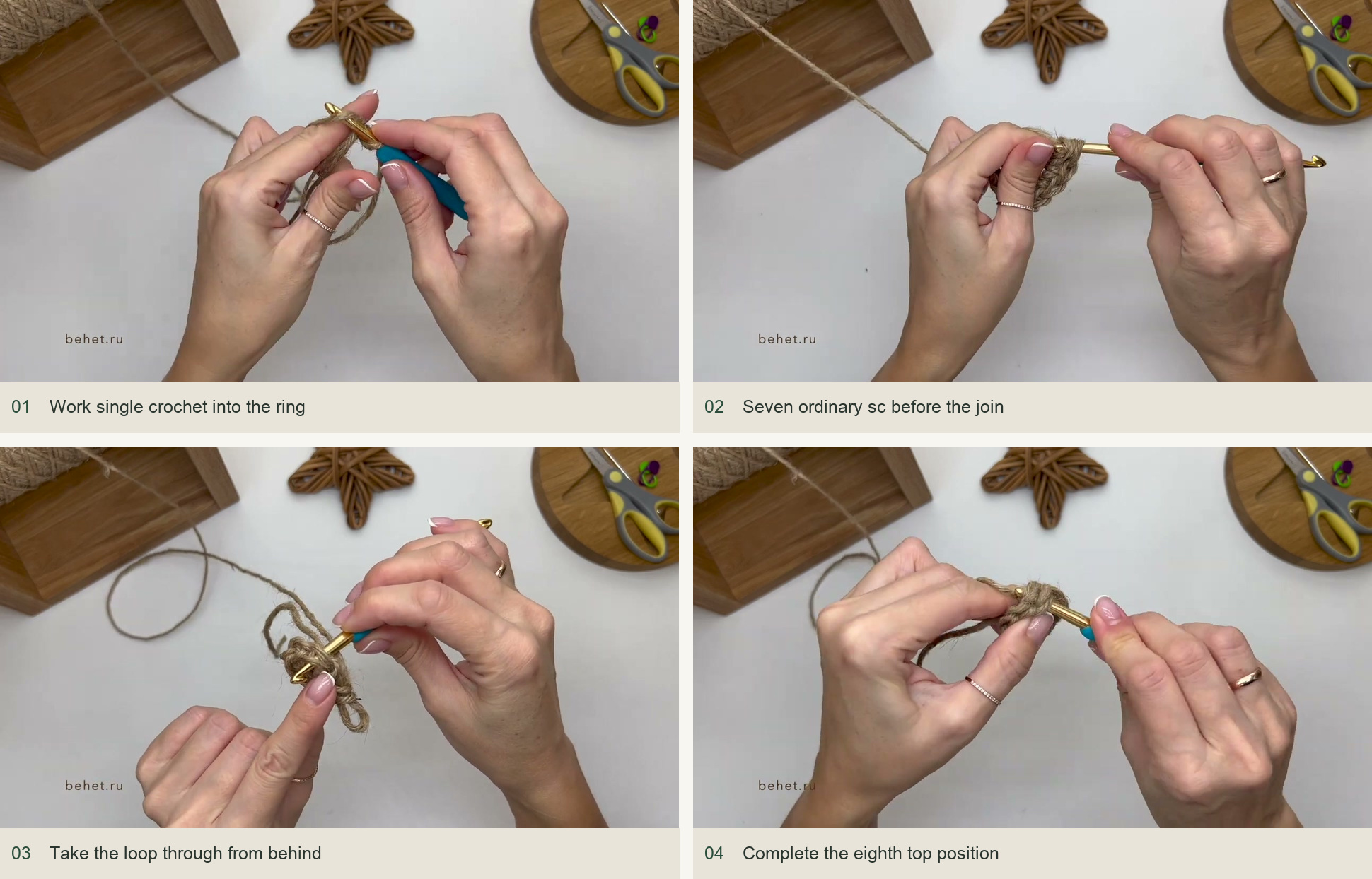 Start with an eight-position center: Work single crochet into the ring; Seven ordinary sc before the join; Take the loop through from behind; Complete the eighth top position