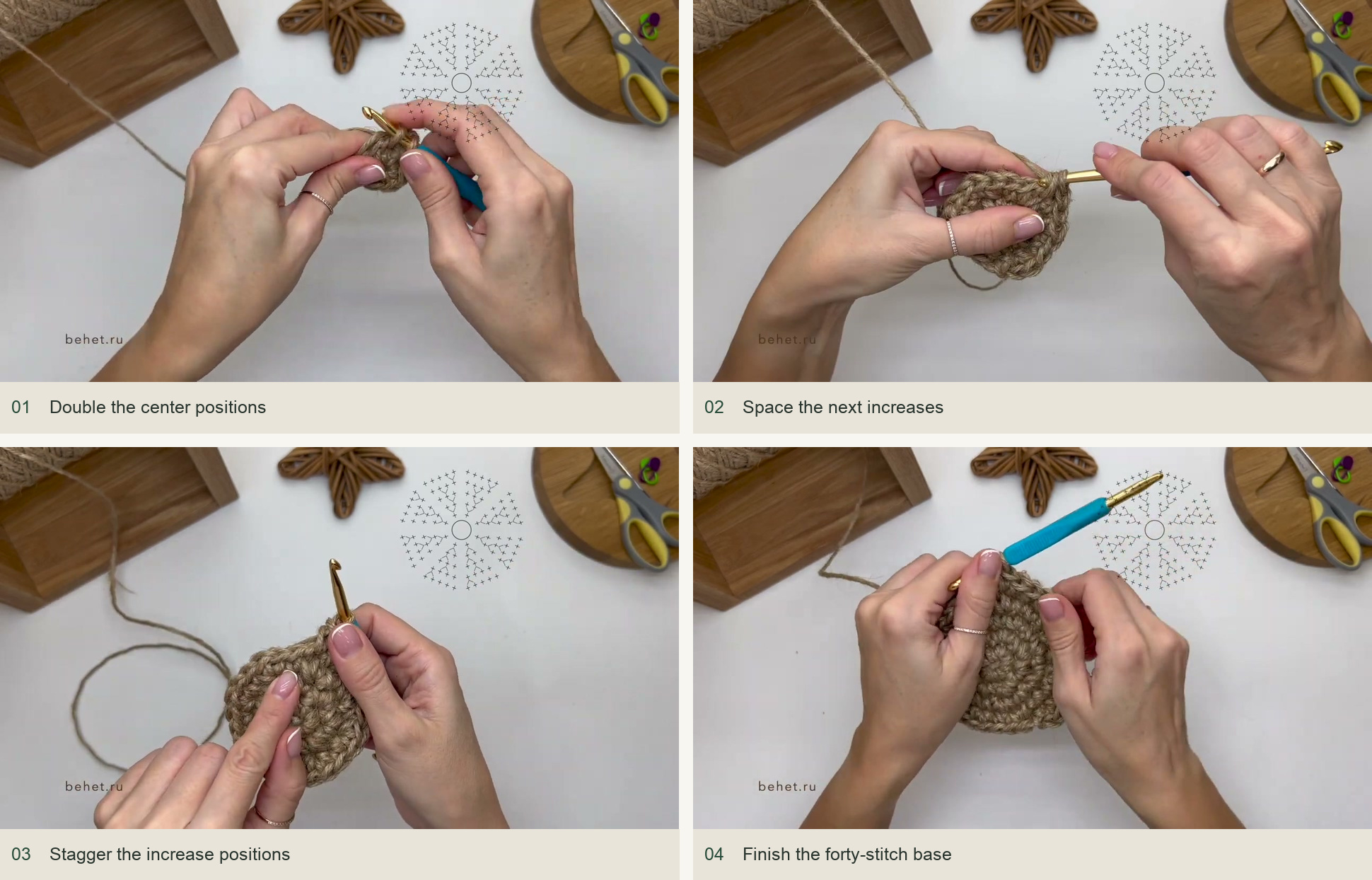 Expand the base to forty stitches: Double the center positions; Space the next increases; Stagger the increase positions; Finish the forty-stitch base