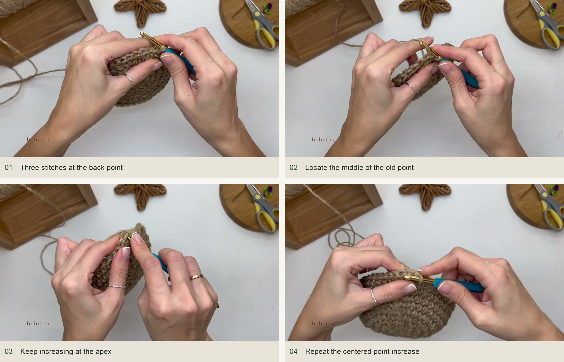 Raise the pointed back: Three stitches at the back point; Locate the middle of the old point; Keep increasing at the apex; Repeat the centered point increase