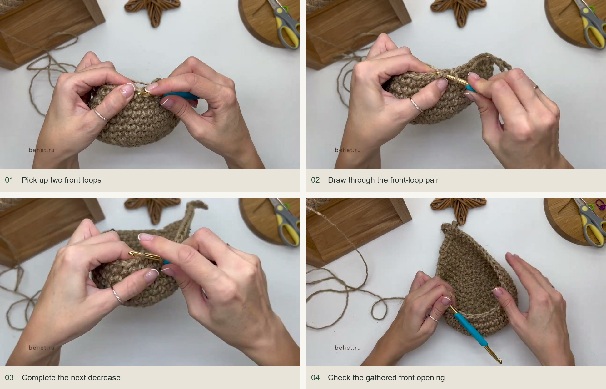 Gather the lower opening: Pick up two front loops; Draw through the front-loop pair; Complete the next decrease; Check the gathered front opening