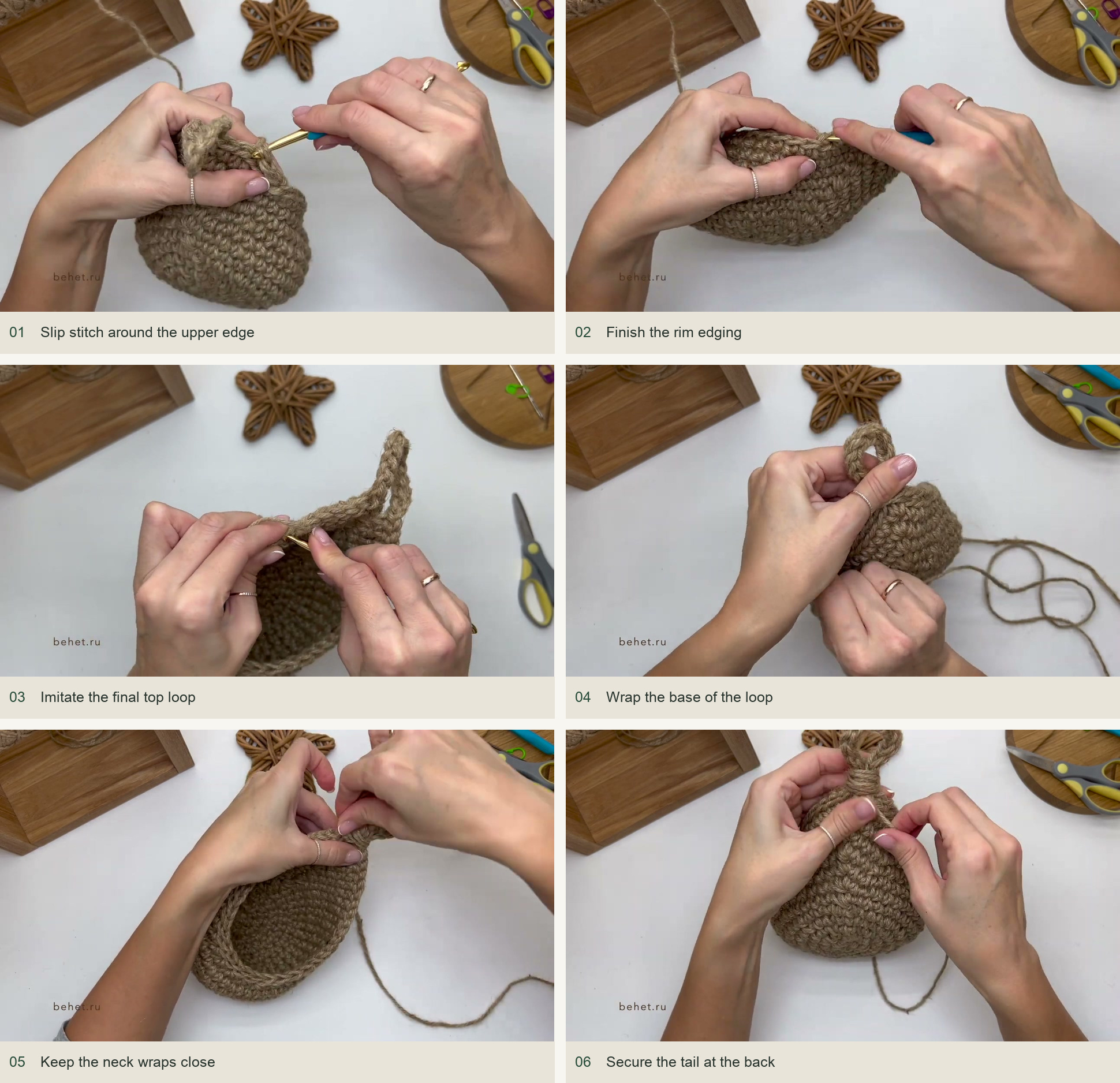 Finish the rim and wrap the neck: Slip stitch around the upper edge; Finish the rim edging; Imitate the final top loop; Wrap the base of the loop; Keep the neck wraps close; Secure the tail at the back