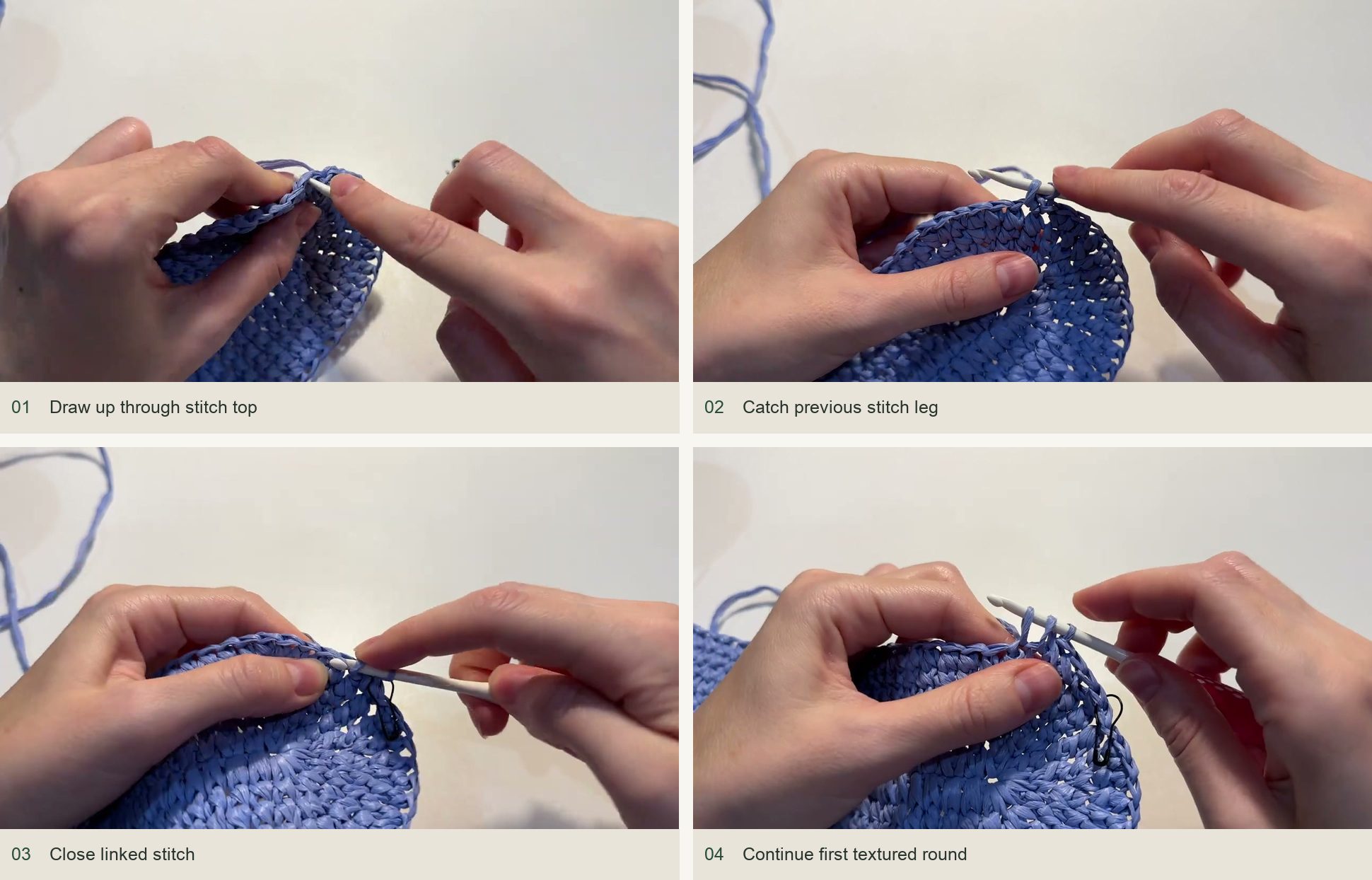 Make the first textured round: Draw up through stitch top; Catch previous stitch leg; Close linked stitch; Continue first textured round
