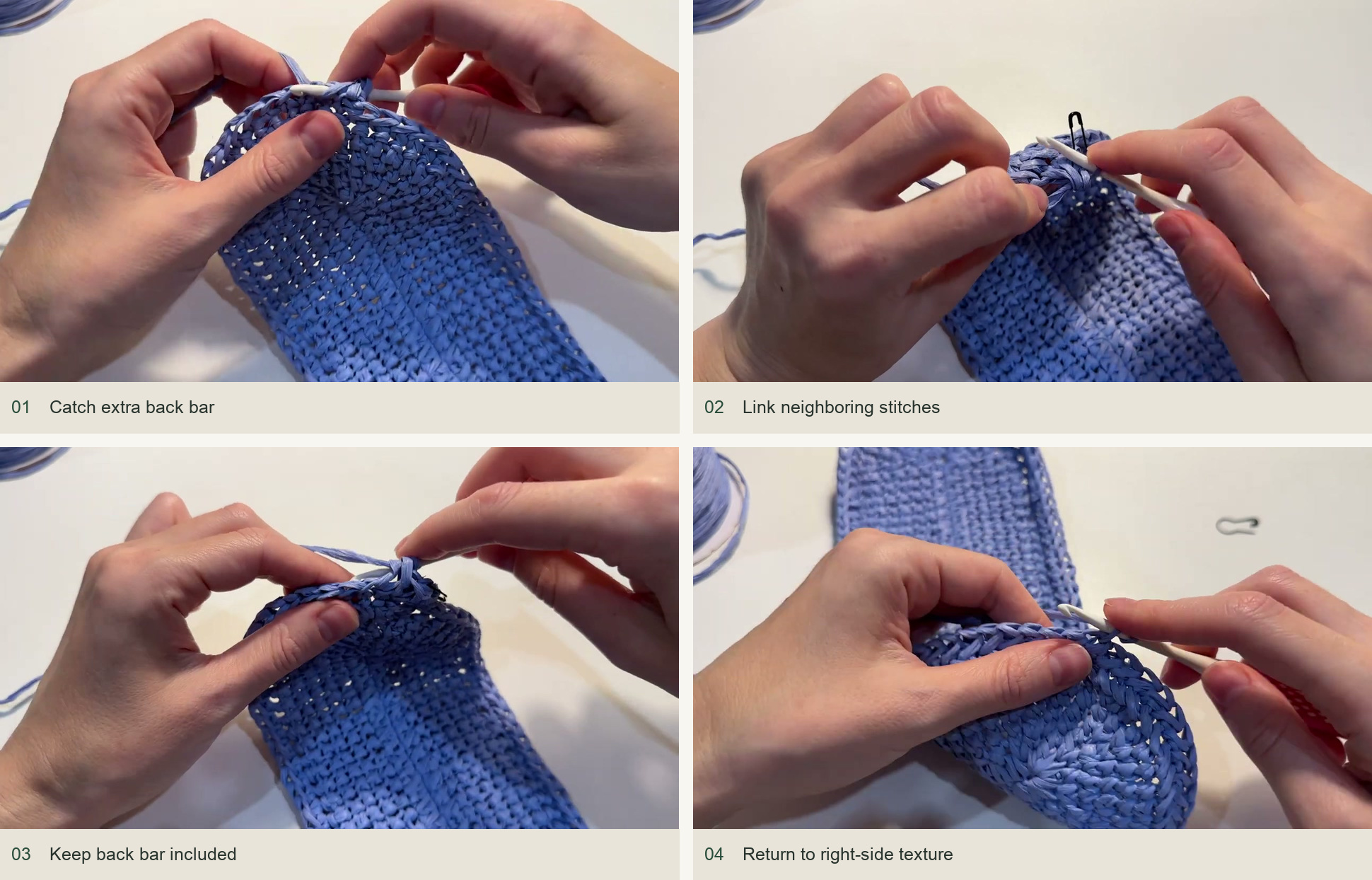Catch the extra back bar: Catch extra back bar; Link neighboring stitches; Keep back bar included; Return to right-side texture
