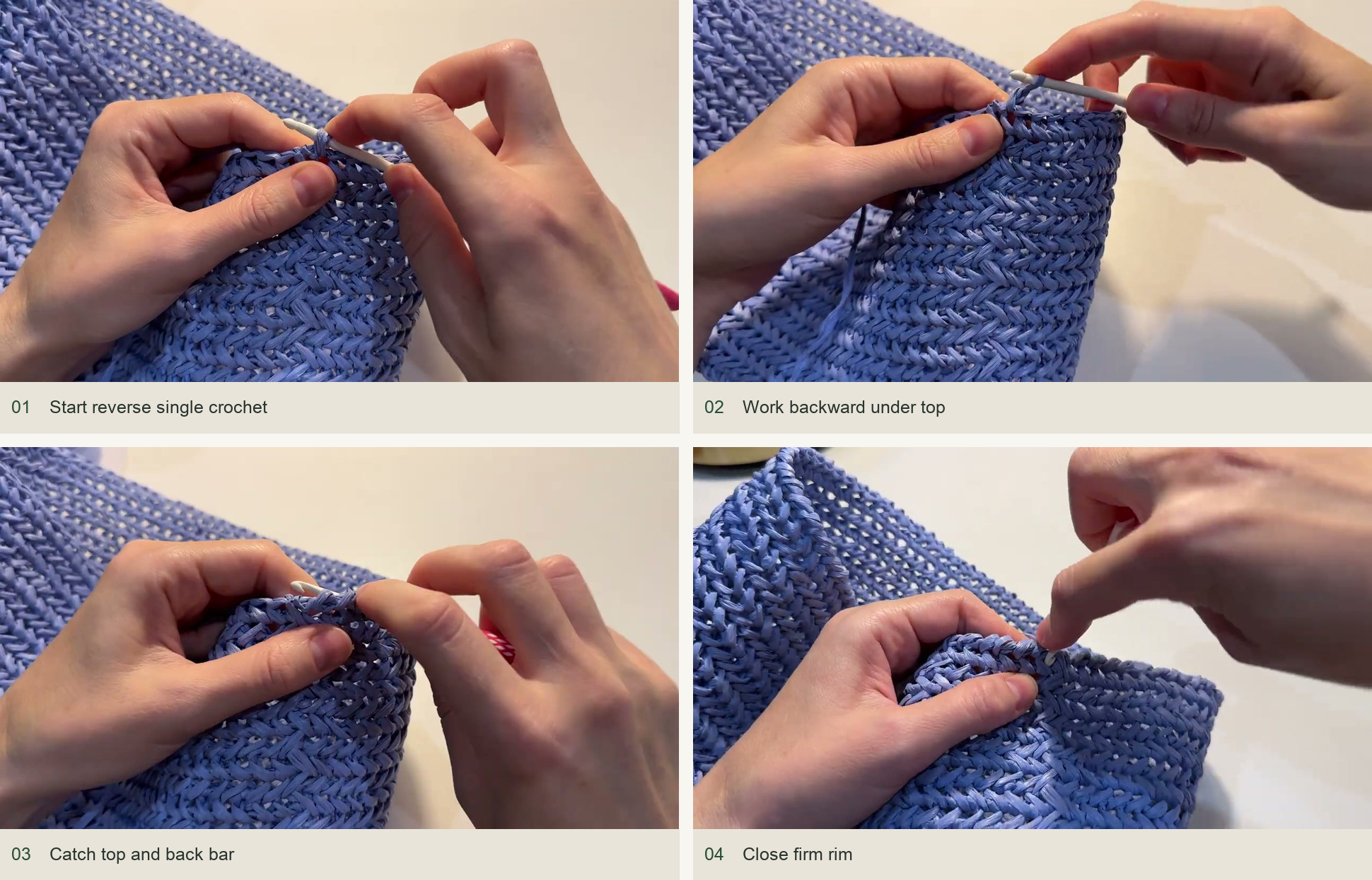Add the firm rim: Start reverse single crochet; Work backward under top; Catch top and back bar; Close firm rim