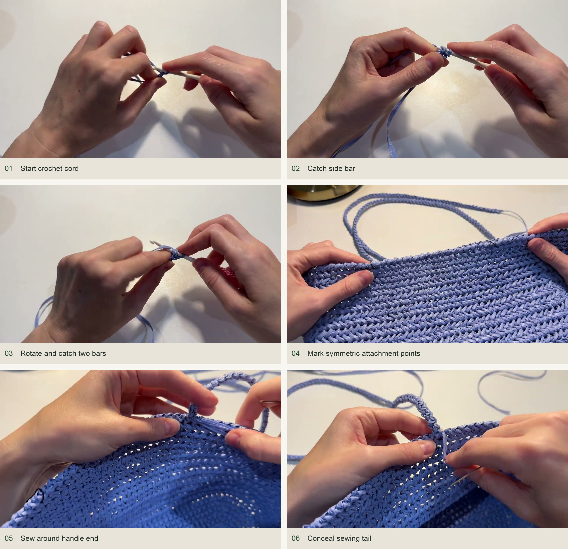 Make and attach the handles: Start crochet cord; Catch side bar; Rotate and catch two bars; Mark symmetric attachment points; Sew around handle end; Conceal sewing tail
