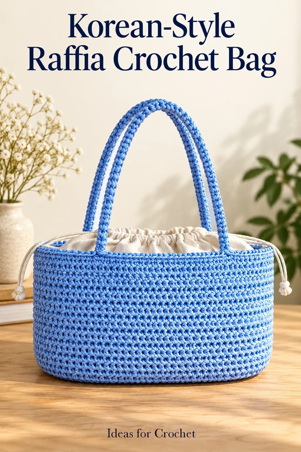 Blue raffia crochet bag with slim braided handles and wheat-ear texture