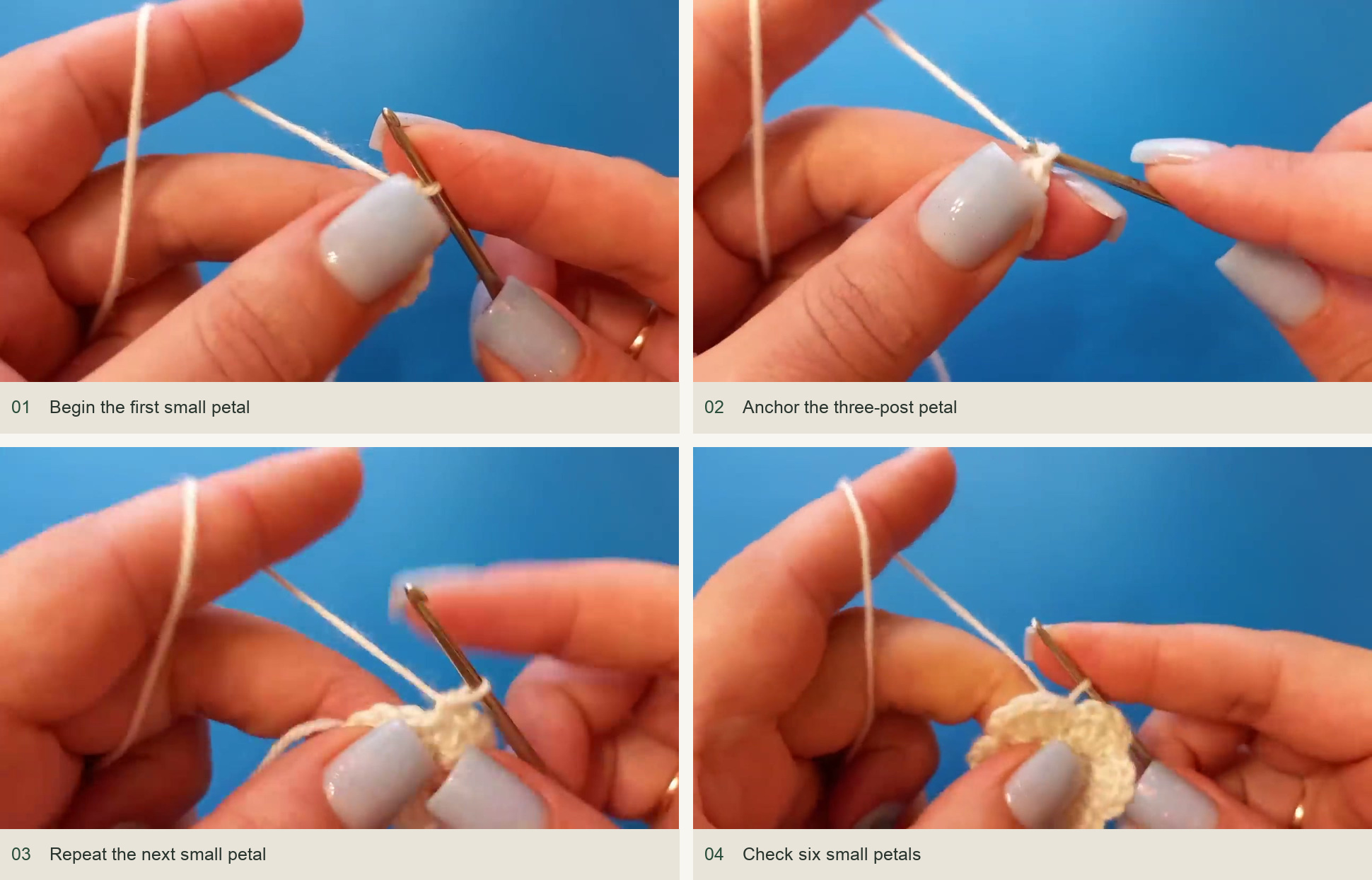 Begin the first small petal; Anchor the three-post petal; Repeat the next small petal; Check six small petals