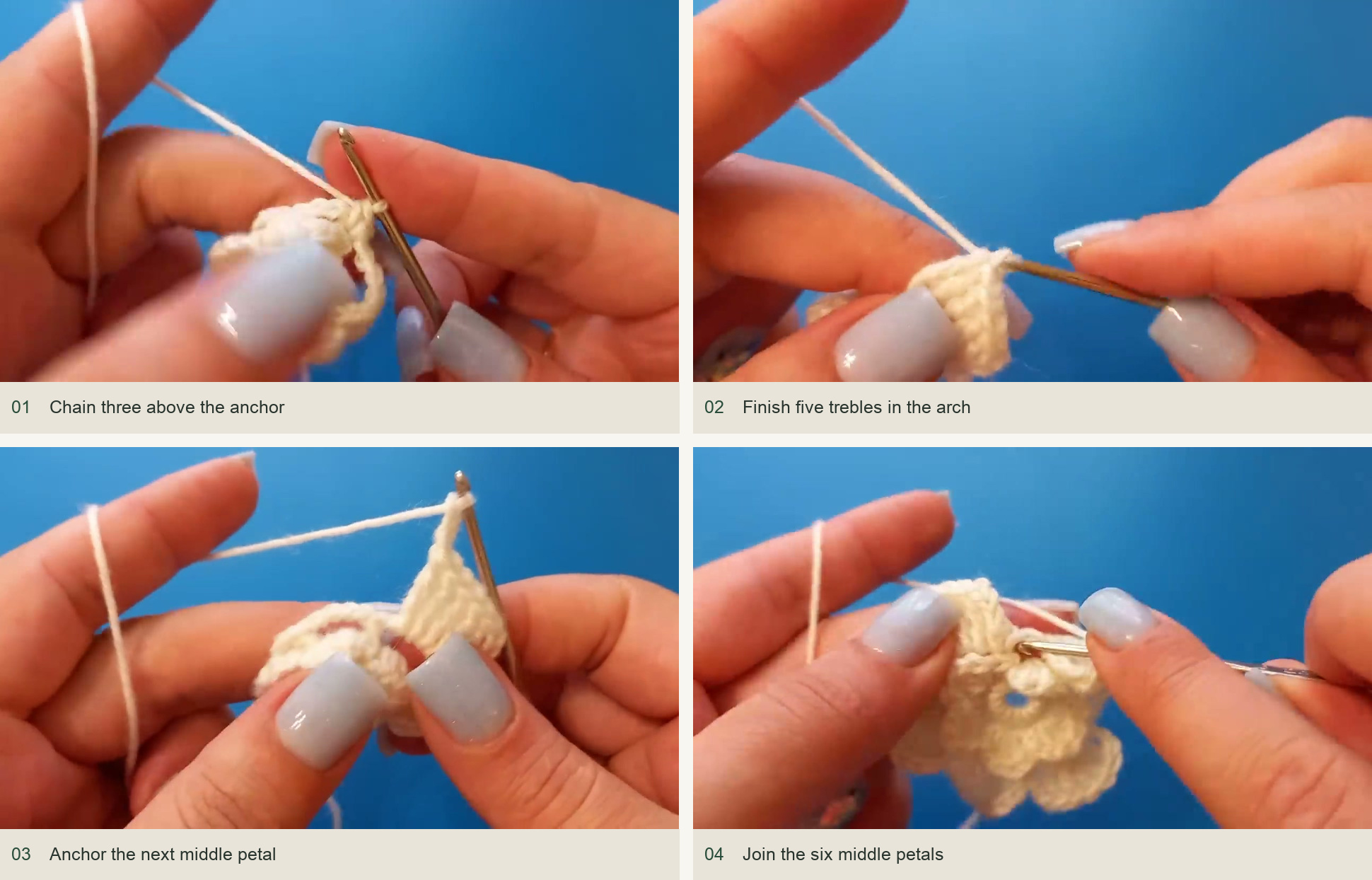Chain three above the anchor; Finish five trebles in the arch; Anchor the next middle petal; Join the six middle petals