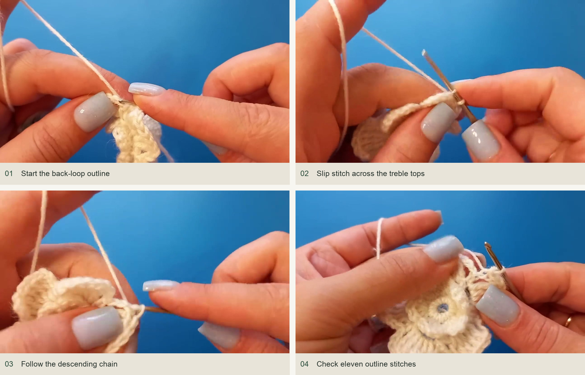 Start the back-loop outline; Slip stitch across the treble tops; Follow the descending chain; Check eleven outline stitches