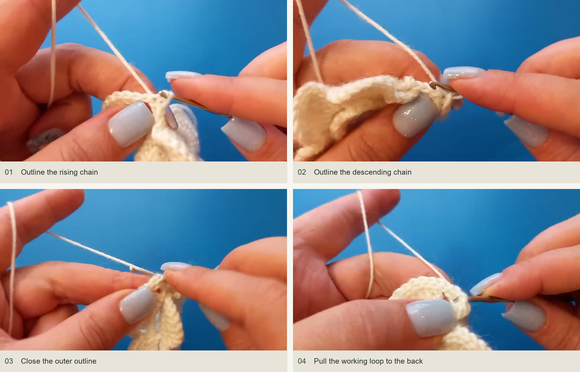 Outline the rising chain; Outline the descending chain; Close the outer outline; Pull the working loop to the back