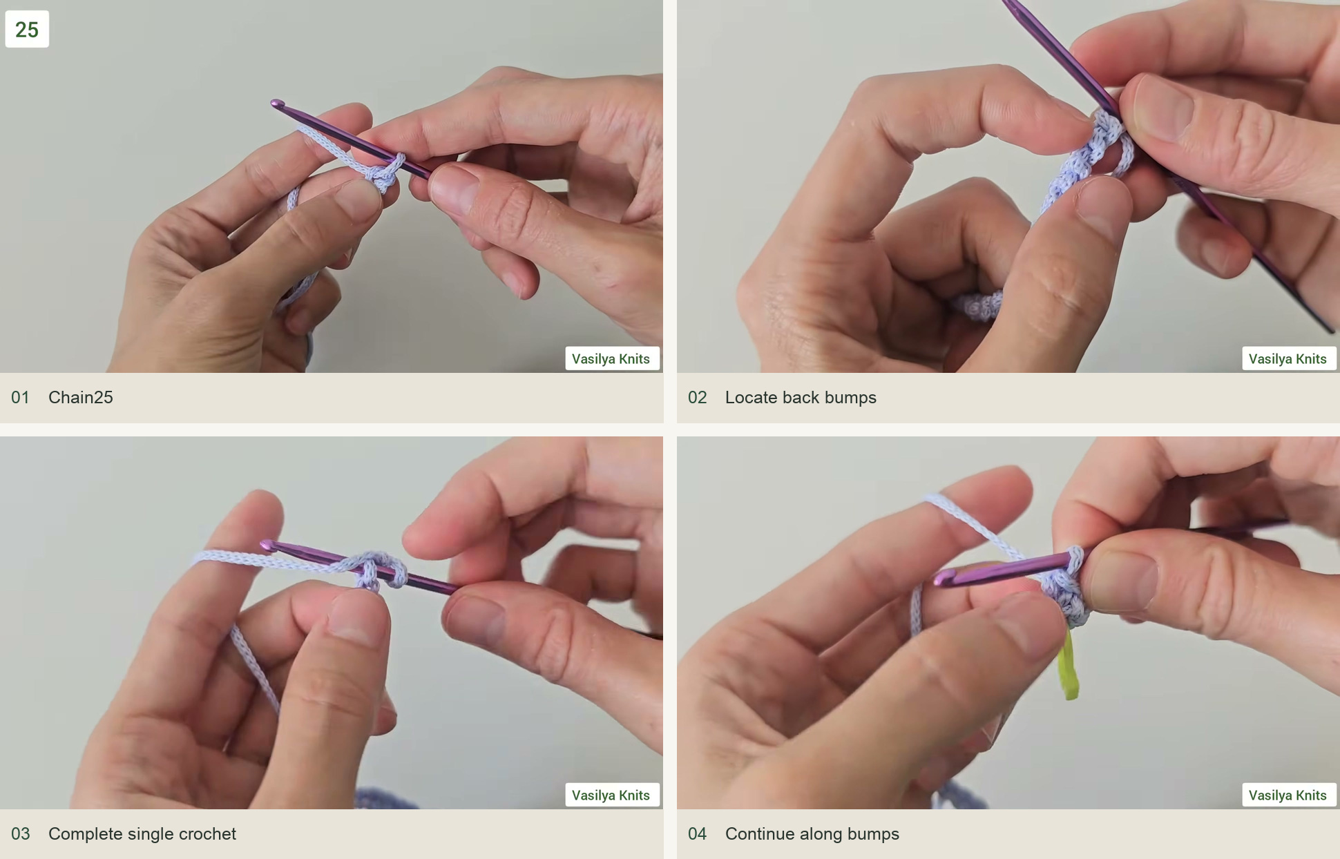 Work along the chain: Chain25; Locate back bumps; Complete single crochet; Continue along bumps