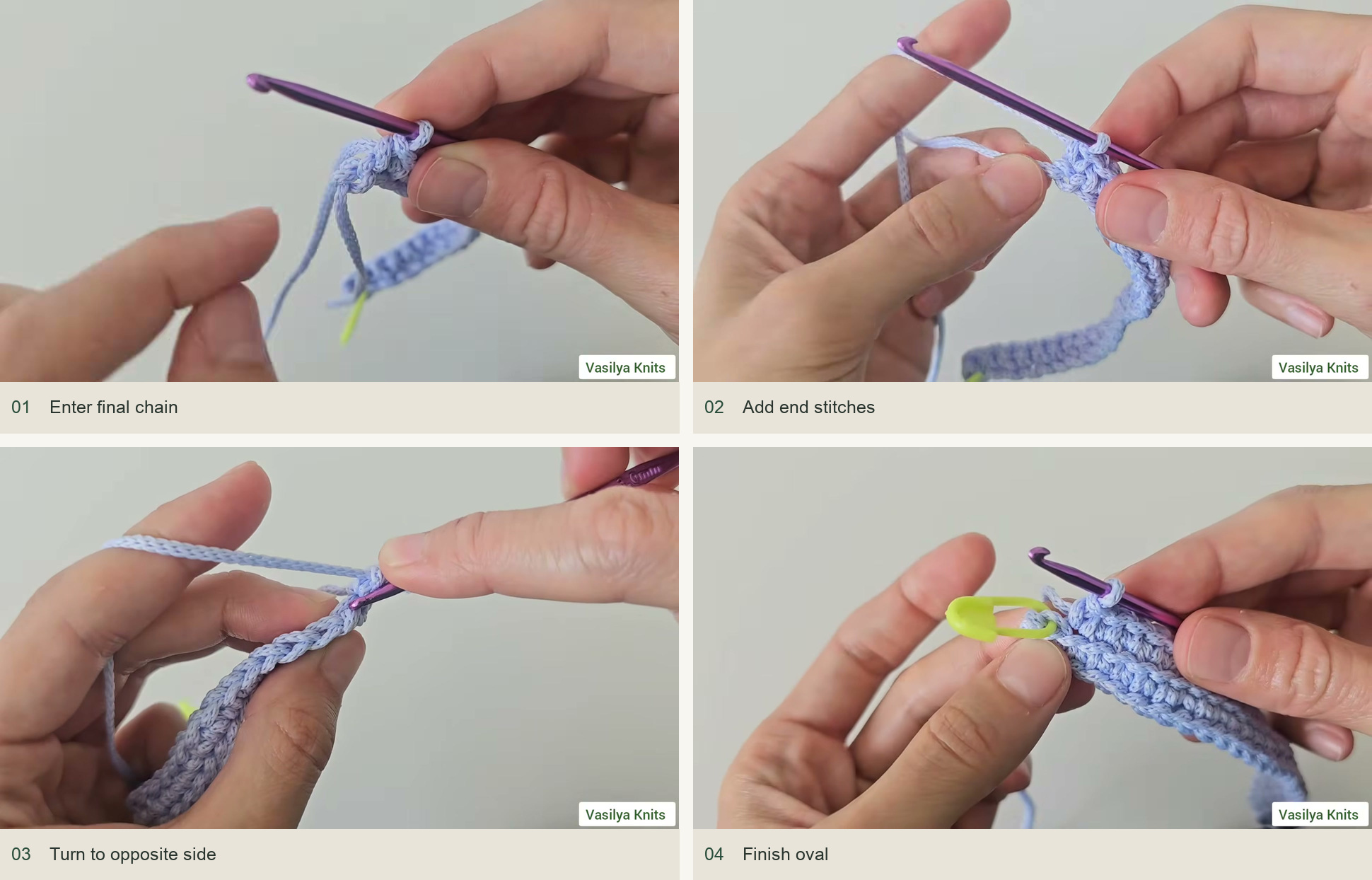 Round the end: Enter final chain; Add end stitches; Turn to opposite side; Finish oval