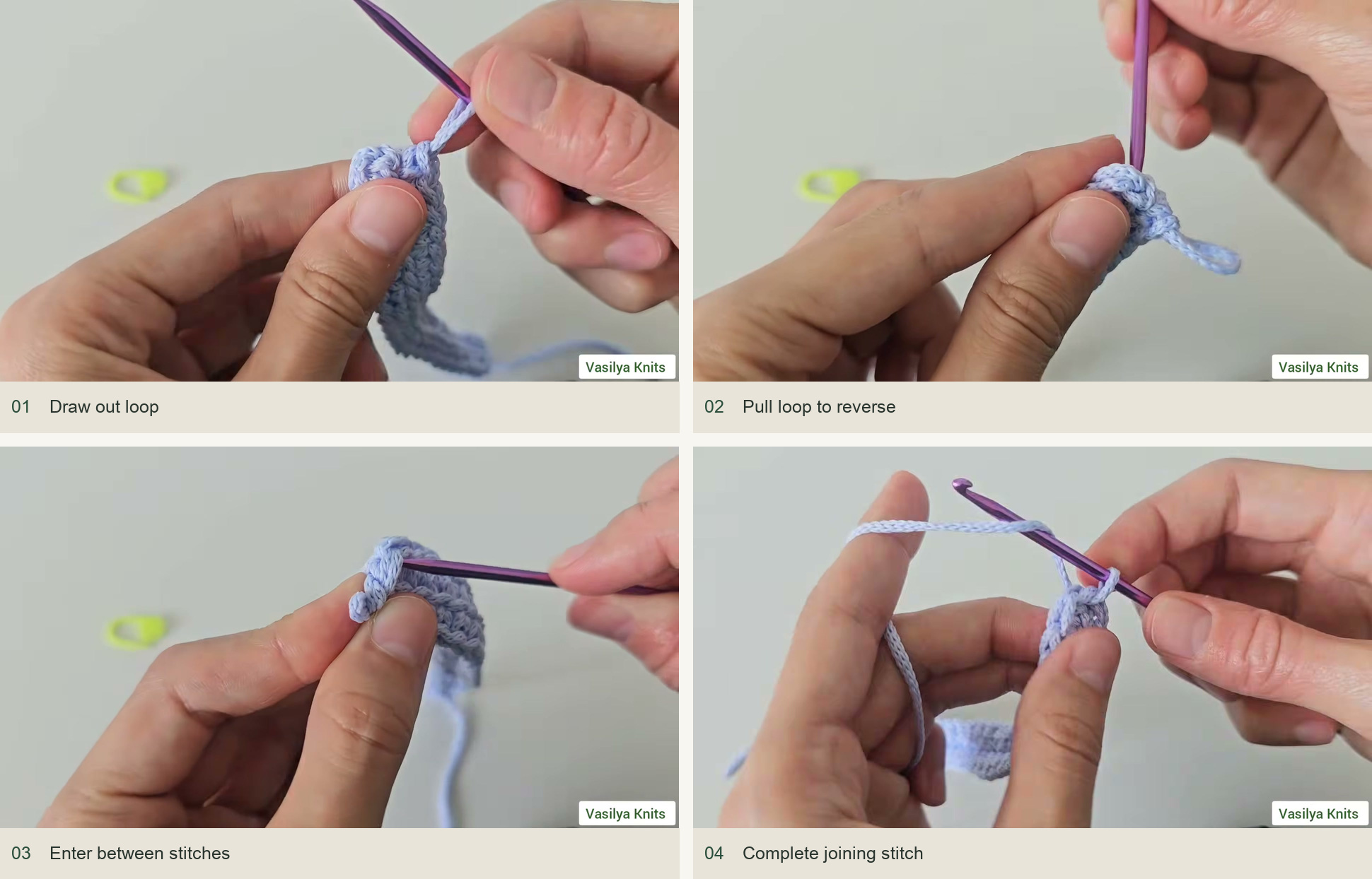 Use the demonstrated round join: Draw out loop; Pull loop to reverse; Enter between stitches; Complete joining stitch