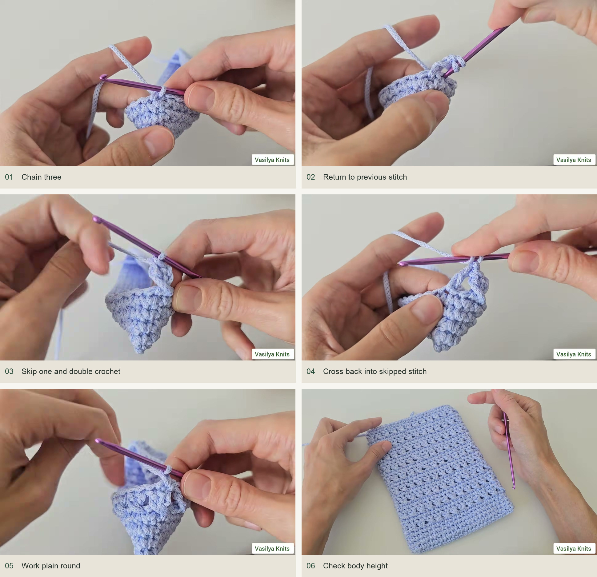 Add the crossed-stitch body: Chain three; Return to previous stitch; Skip one and double crochet; Cross back into skipped stitch; Work plain round; Check body height