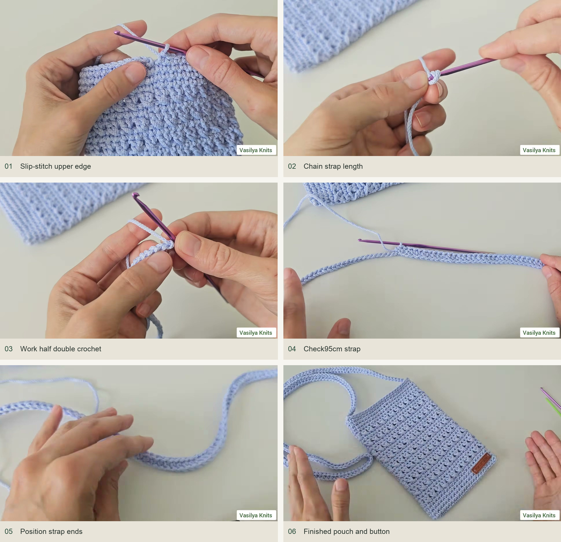 Finish the top and strap: Slip-stitch upper edge; Chain strap length; Work half double crochet; Check95cm strap; Position strap ends; Finished pouch and button