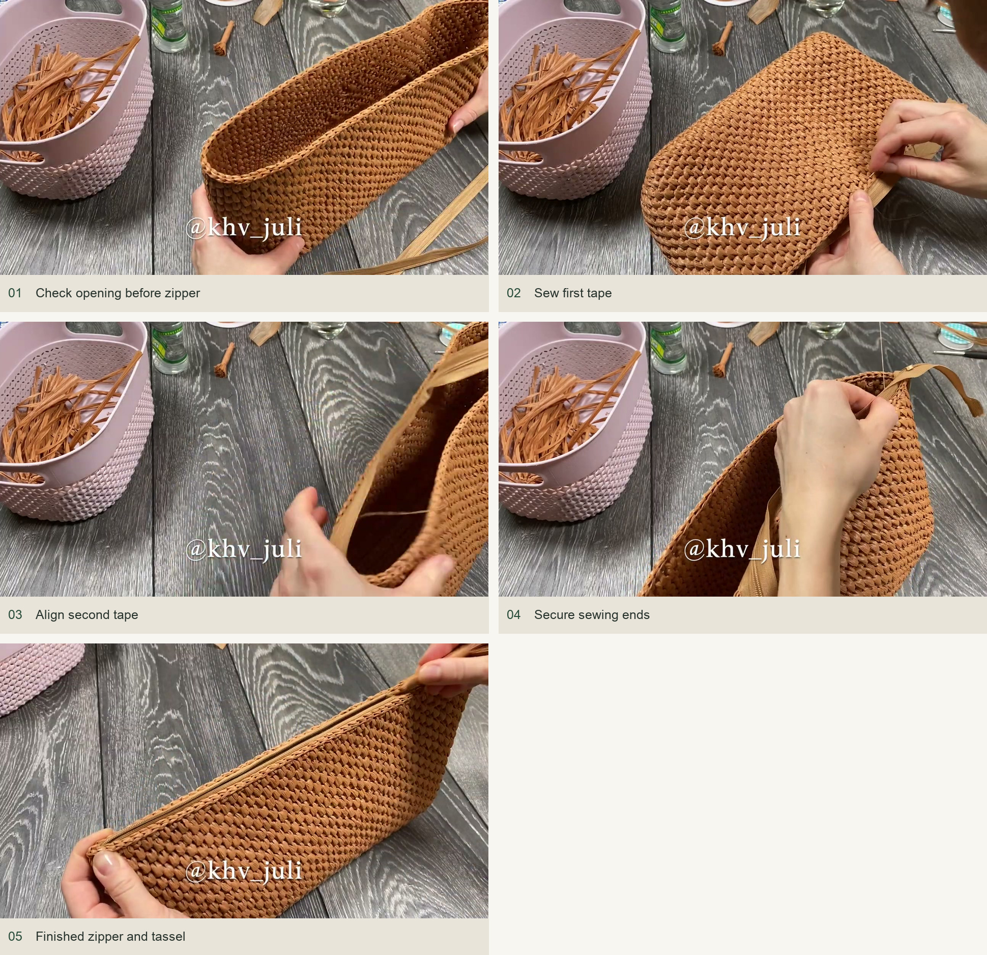 5. Sew in the zipper and add a tassel — numbered source demonstration