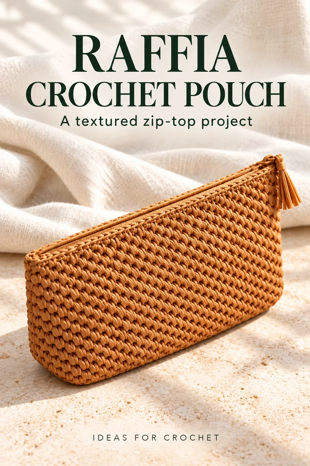 Caramel raffia crochet zip-top pouch with an editorial crochet project headline