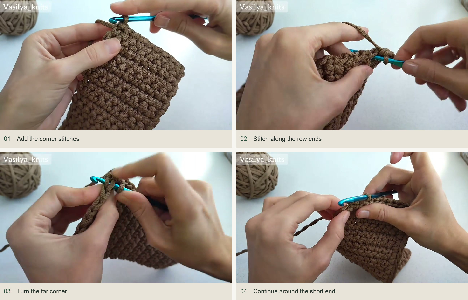 Add the corner stitches; Stitch along the row ends; Turn the far corner; Continue around the short end