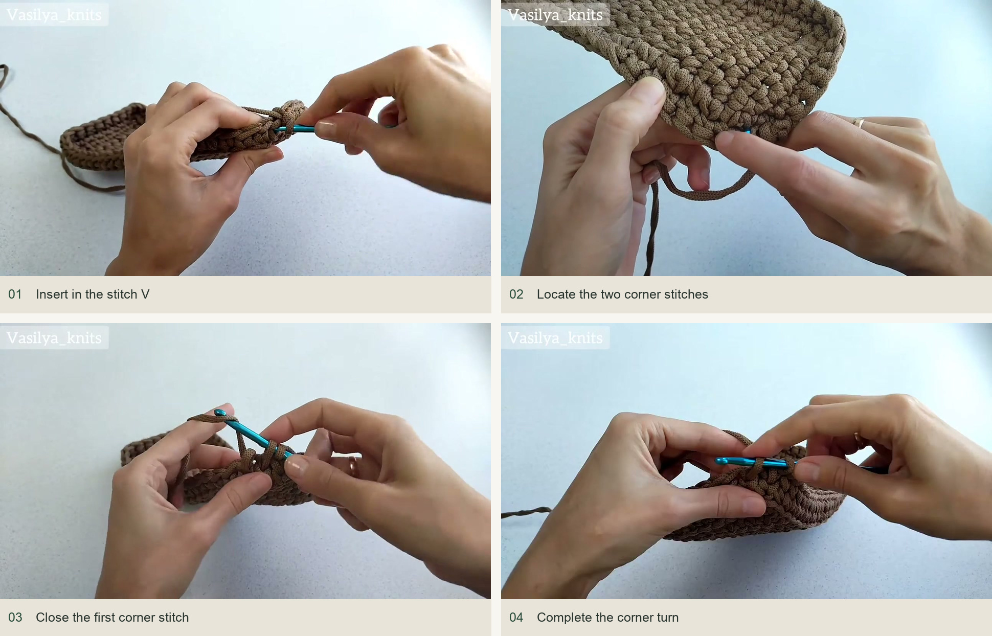 Insert in the stitch V; Locate the two corner stitches; Close the first corner stitch; Complete the corner turn