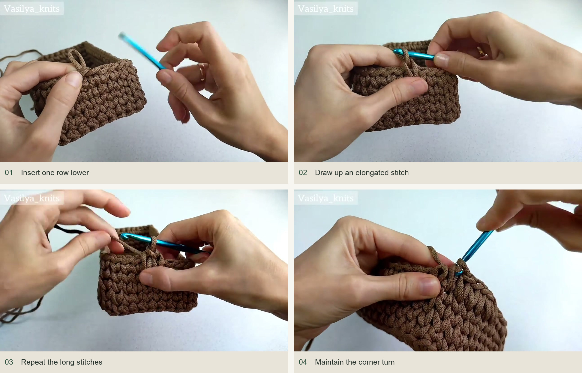 Insert one row lower; Draw up an elongated stitch; Repeat the long stitches; Maintain the corner turn