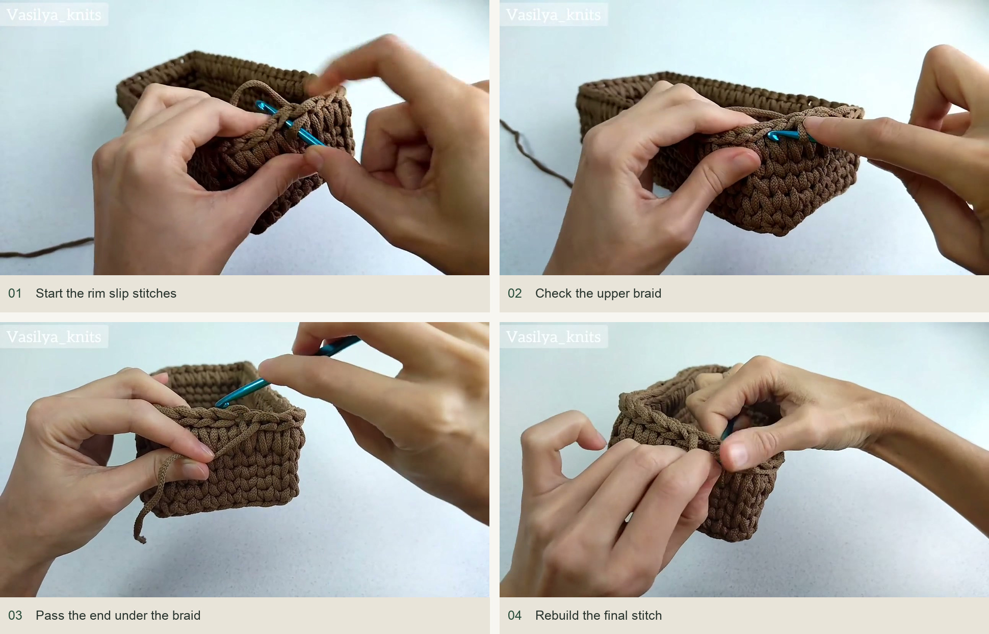 Start the rim slip stitches; Check the upper braid; Pass the end under the braid; Rebuild the final stitch