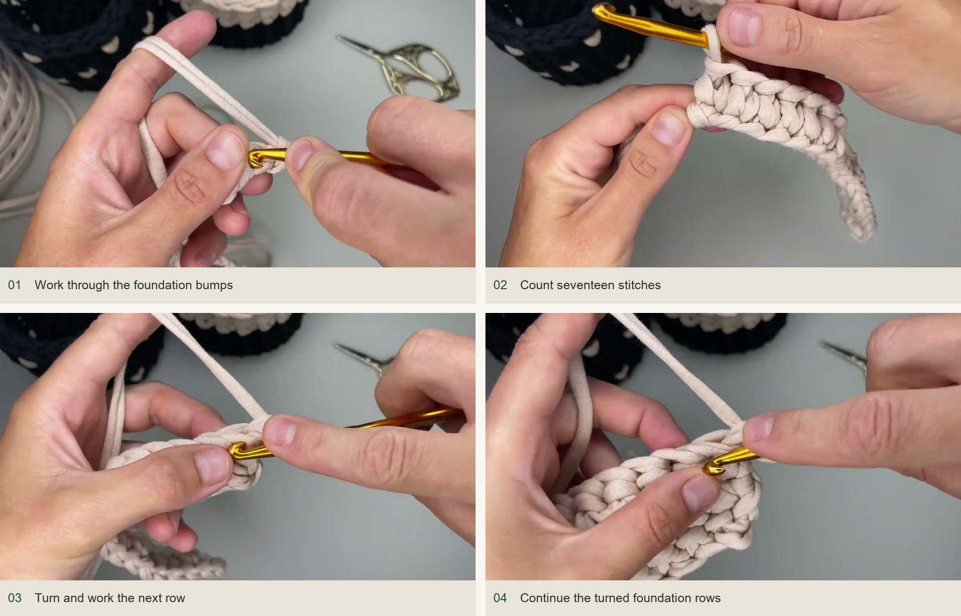 Work through the foundation bumps; Count seventeen stitches; Turn and work the next row; Continue the turned foundation rows