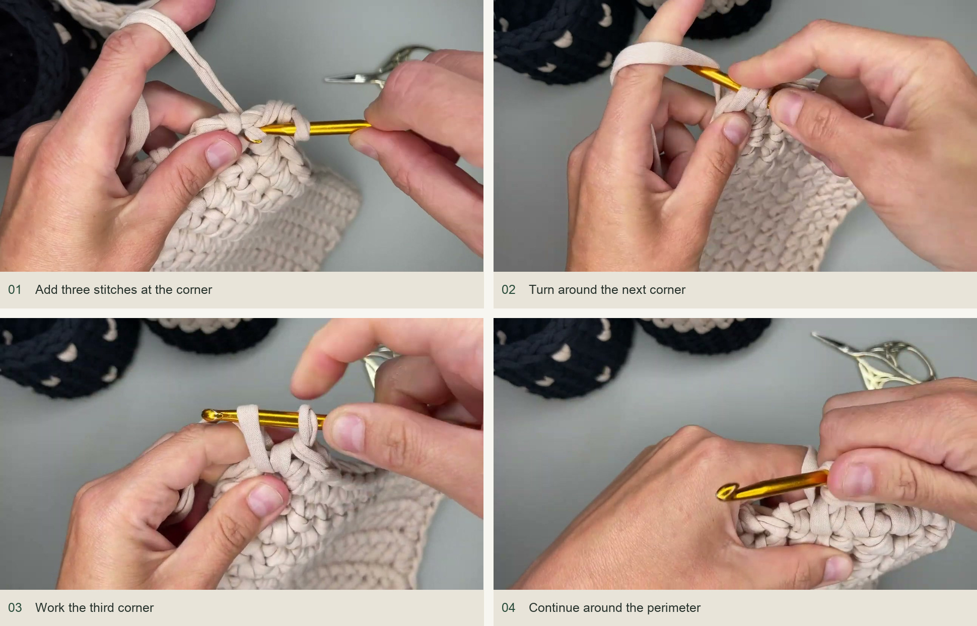 Add three stitches at the corner; Turn around the next corner; Work the third corner; Continue around the perimeter
