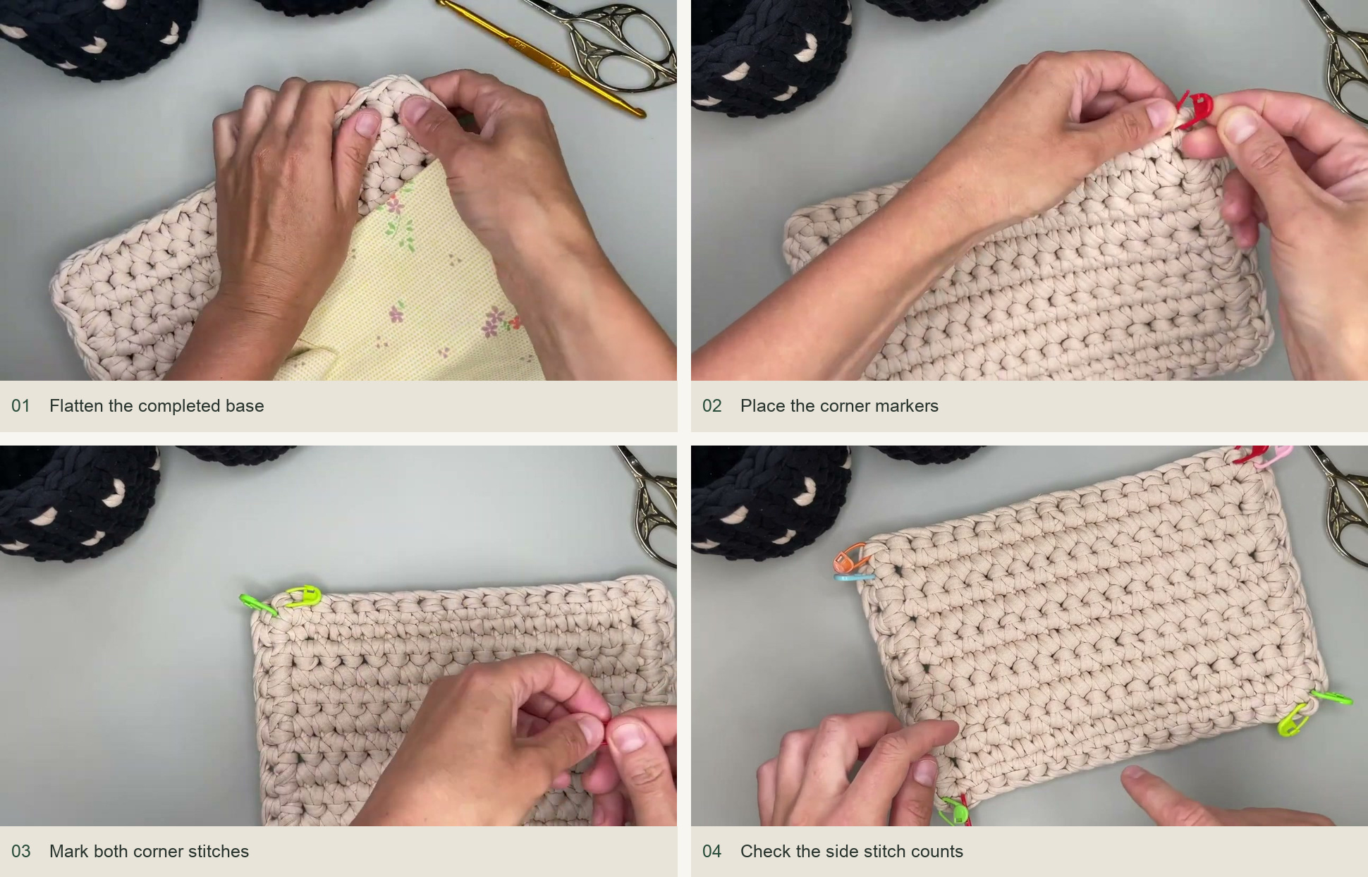 Flatten the completed base; Place the corner markers; Mark both corner stitches; Check the side stitch counts