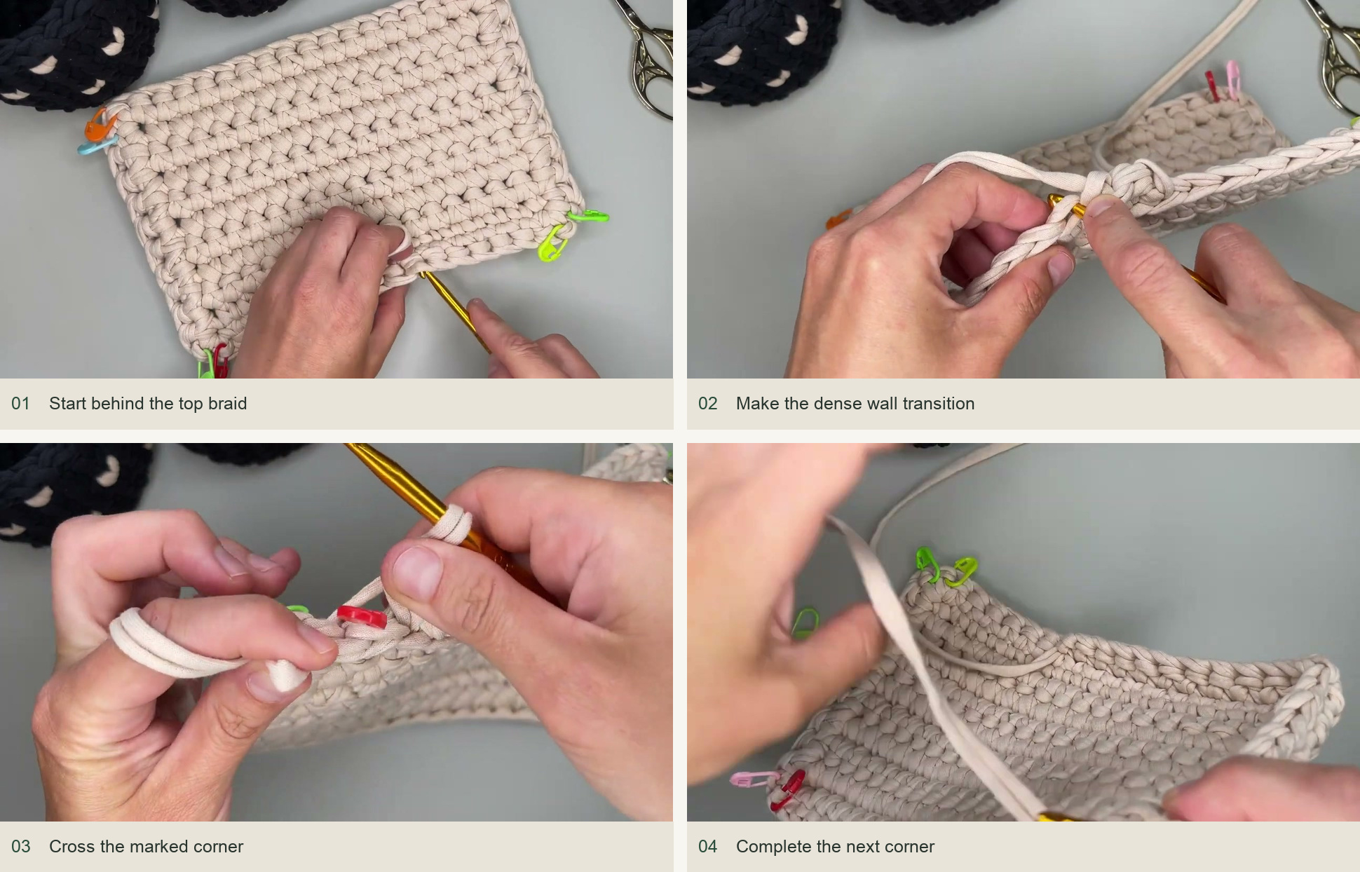Start behind the top braid; Make the dense wall transition; Cross the marked corner; Complete the next corner