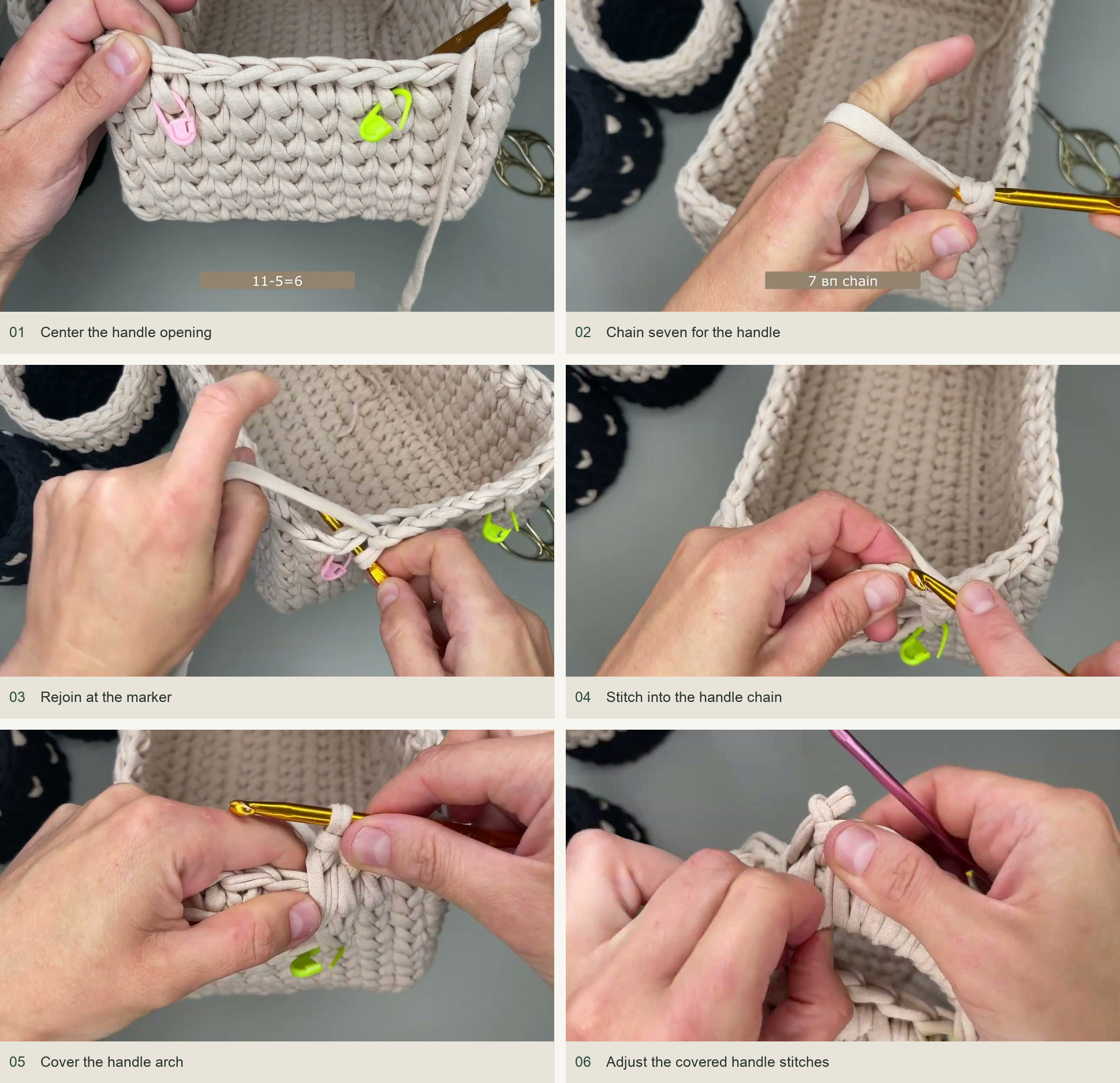 Center the handle opening; Chain seven for the handle; Rejoin at the marker; Stitch into the handle chain; Cover the handle arch; Adjust the covered handle stitches