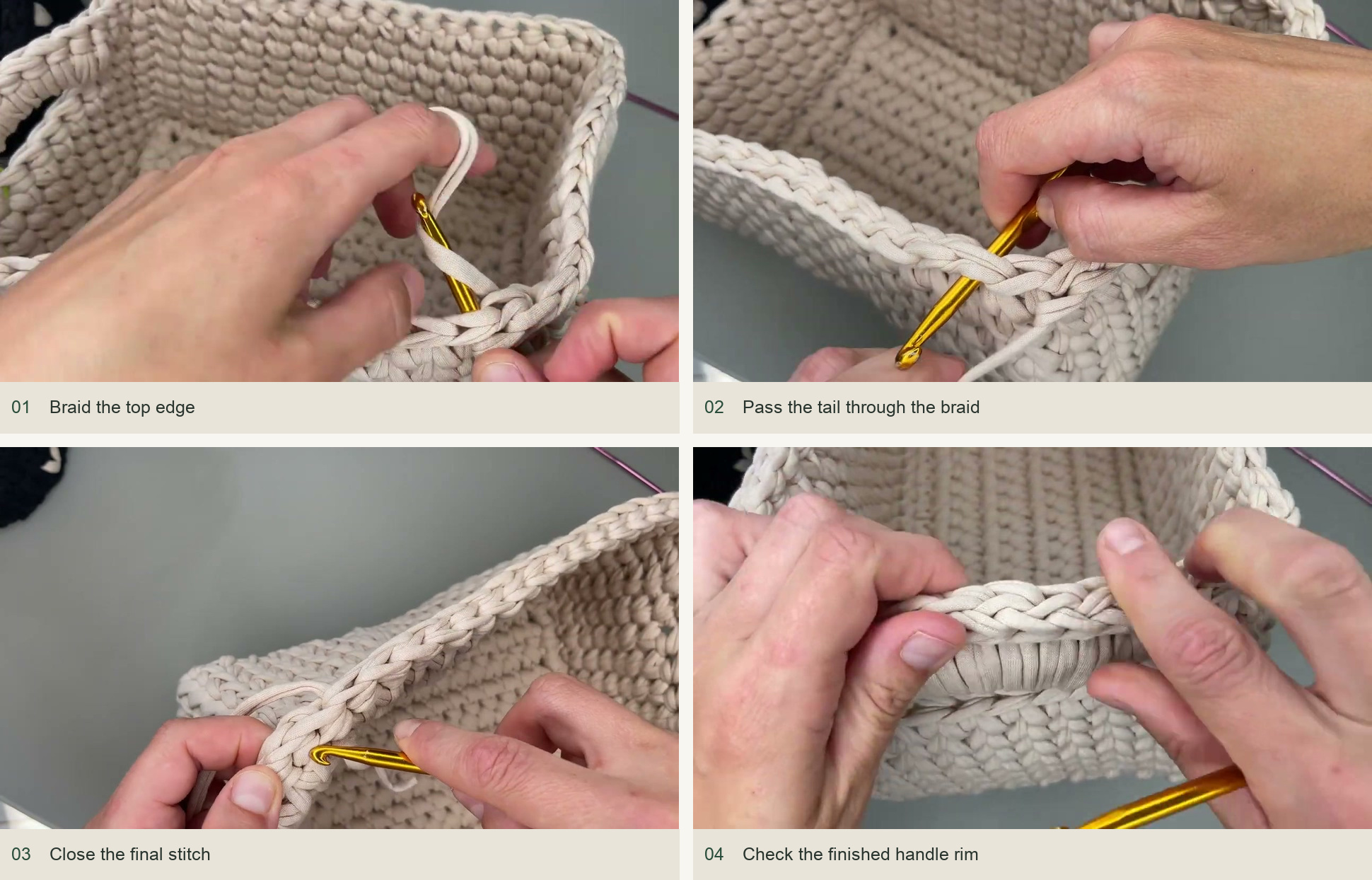 Braid the top edge; Pass the tail through the braid; Close the final stitch; Check the finished handle rim