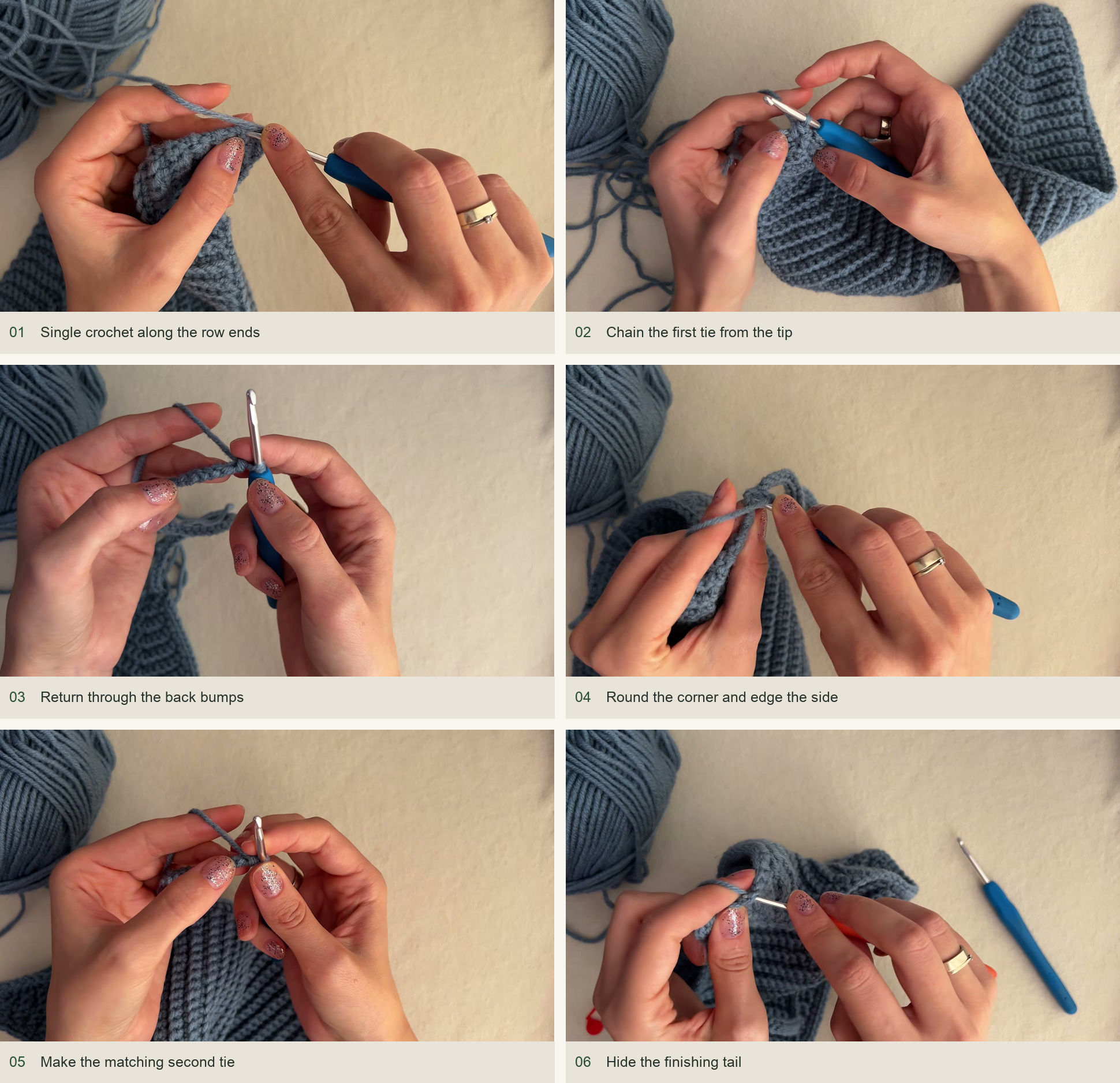 Edge the panel and add the ties: Single crochet along the row ends; Chain the first tie from the tip; Return through the back bumps; Round the corner and edge the side; Make the matching second tie; Hide the finishing tail